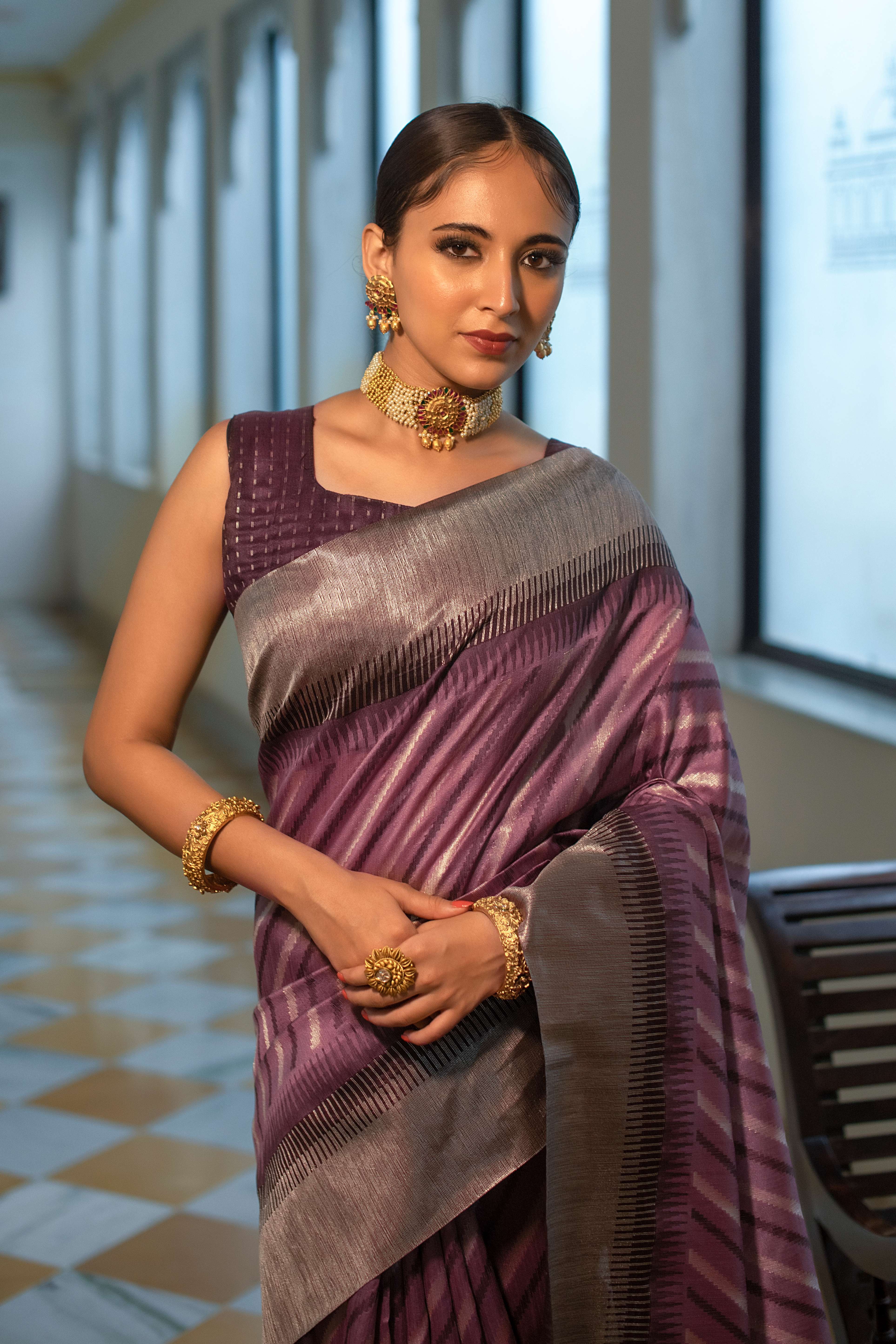 Designer Cream South Silk Saree with Rust Blouse & Wevon Ikkat Pallu