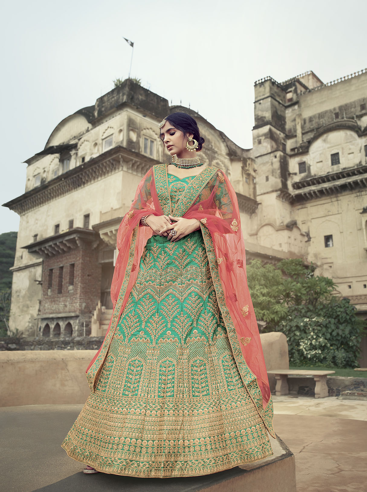 green-peach-heavy-embroidered-satin-lehenga-choli