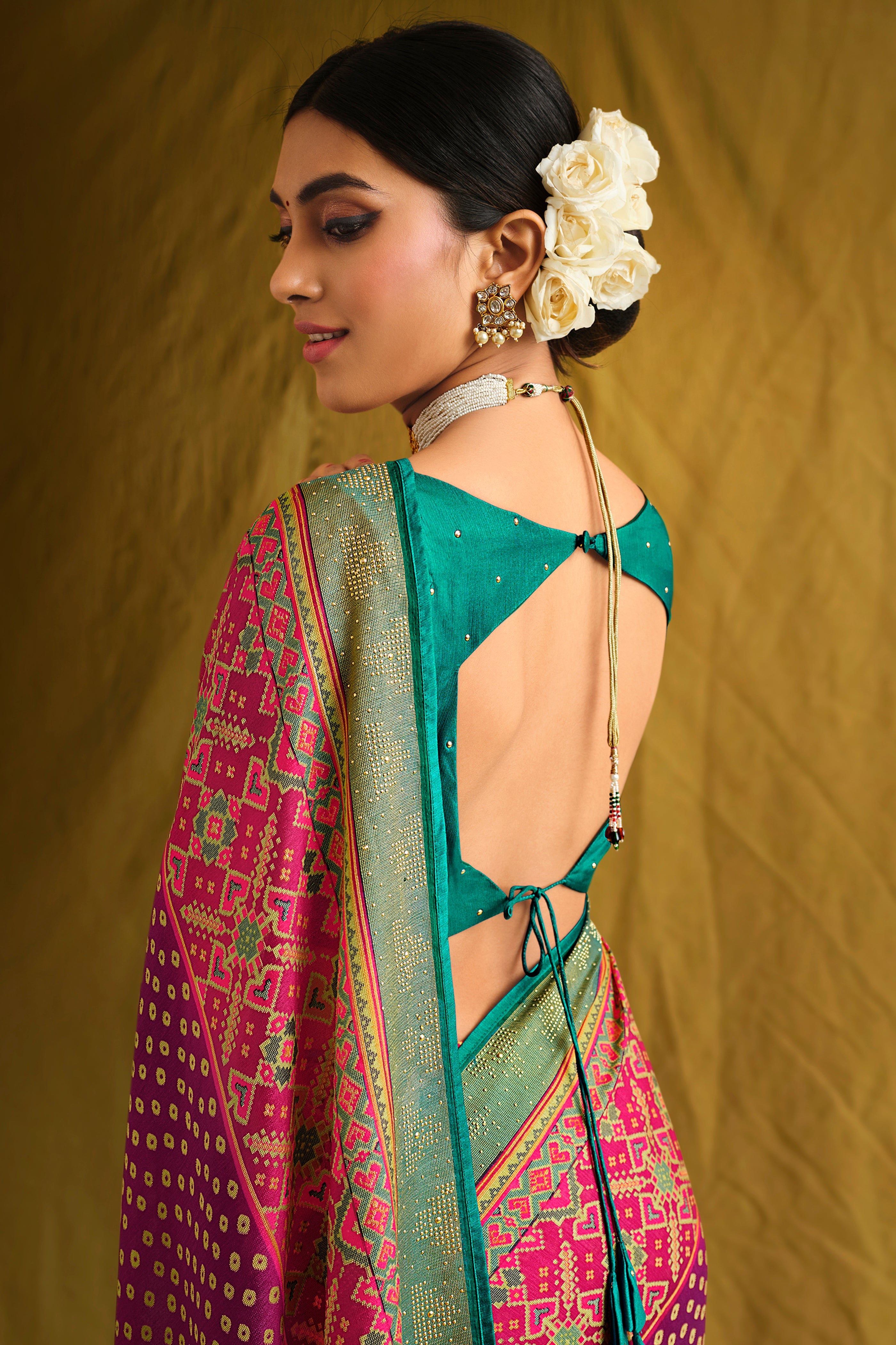 Wine Satin Brasso Printed Saree with Swarovski Work & Turquoise Blouse