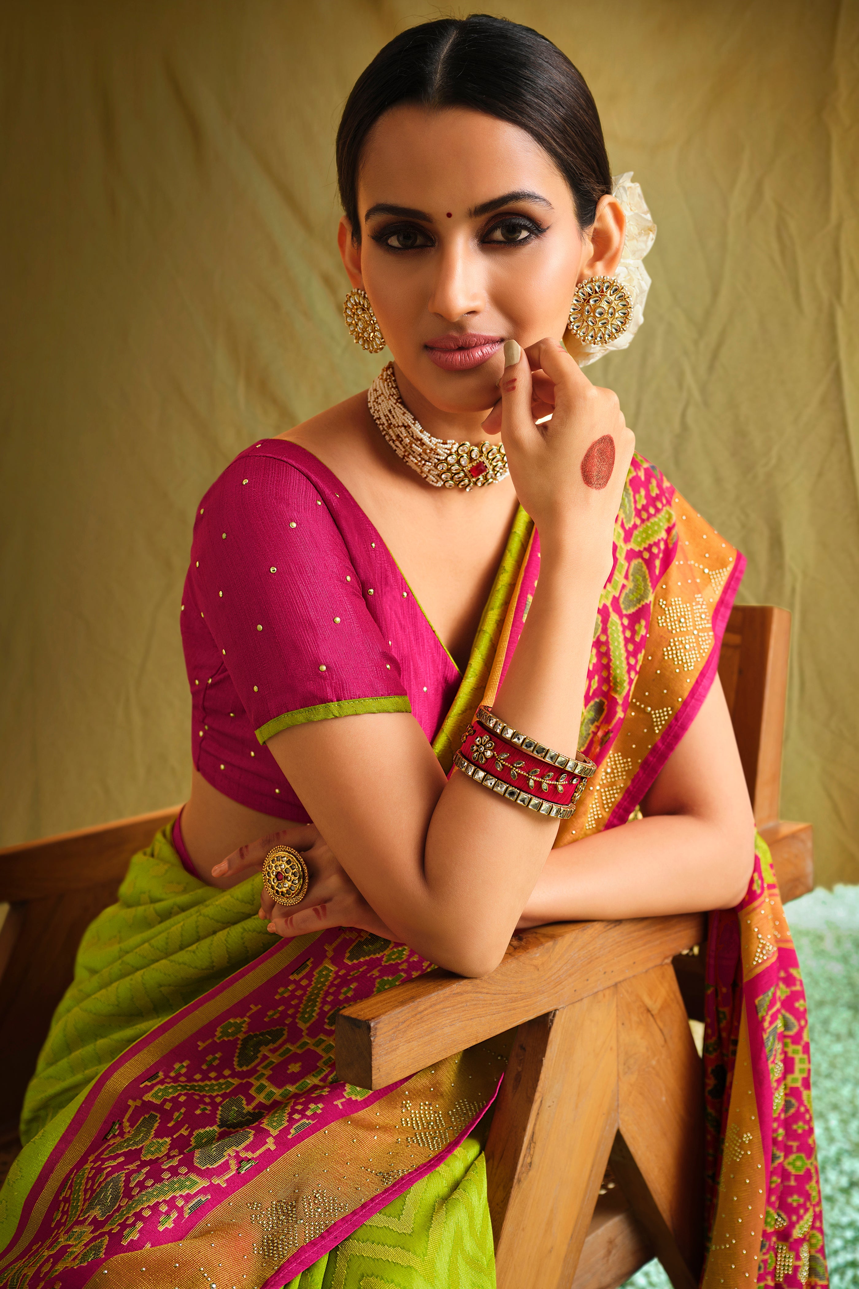 Radiant Lemon Green Brasso Saree with Swarovski Elegance