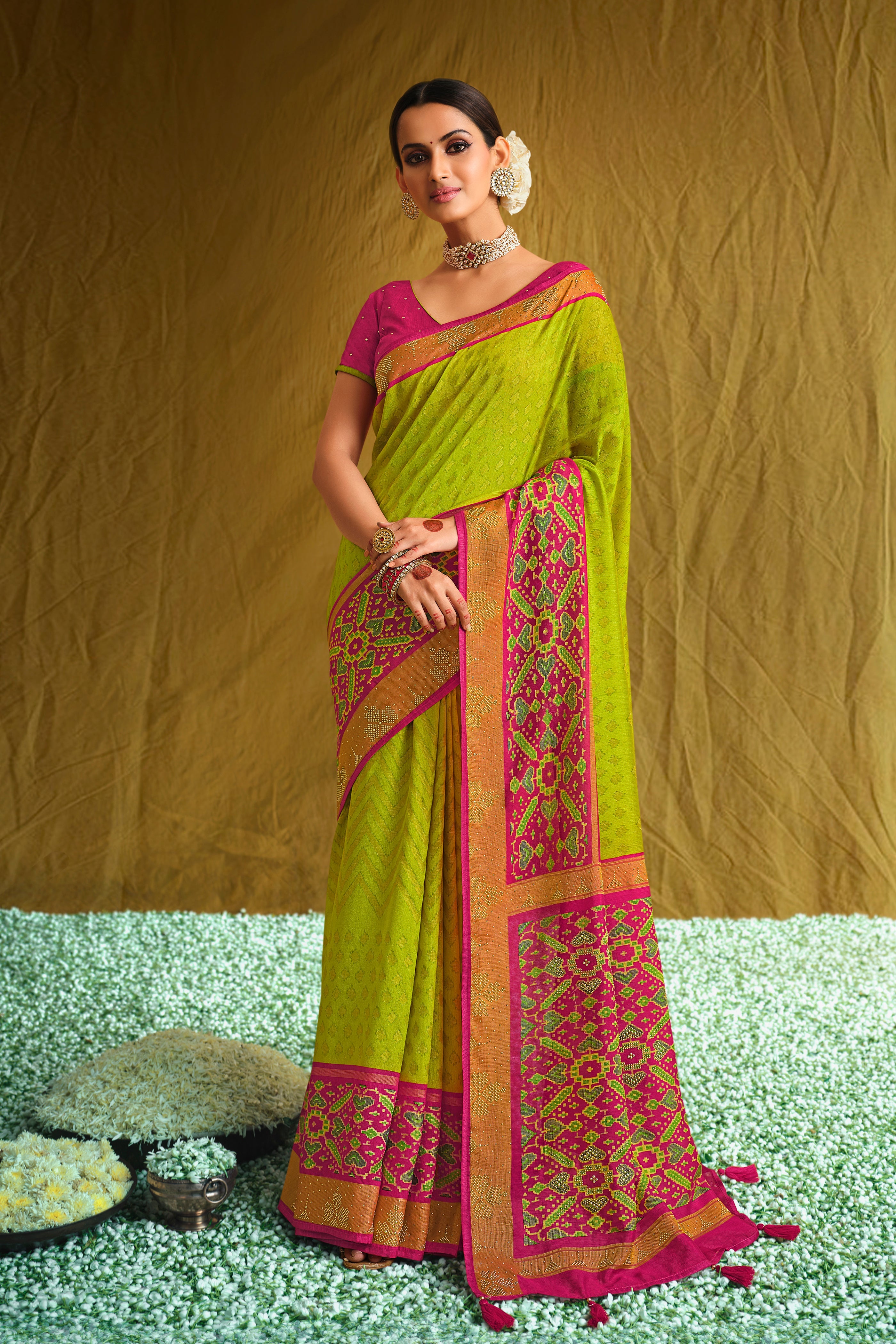 Radiant Lemon Green Brasso Saree with Swarovski Elegance