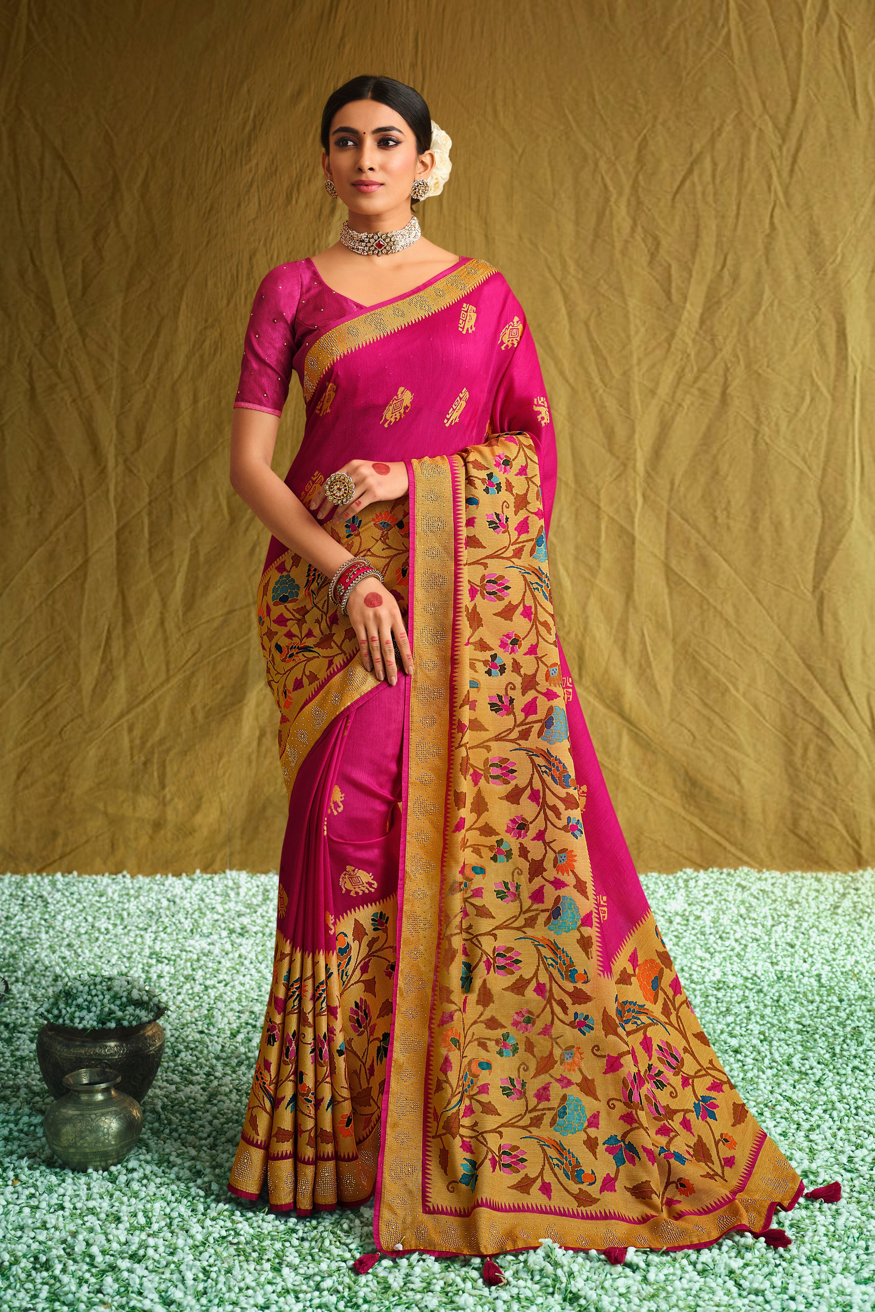 Graceful Rani Brasso Saree with Floral Charm