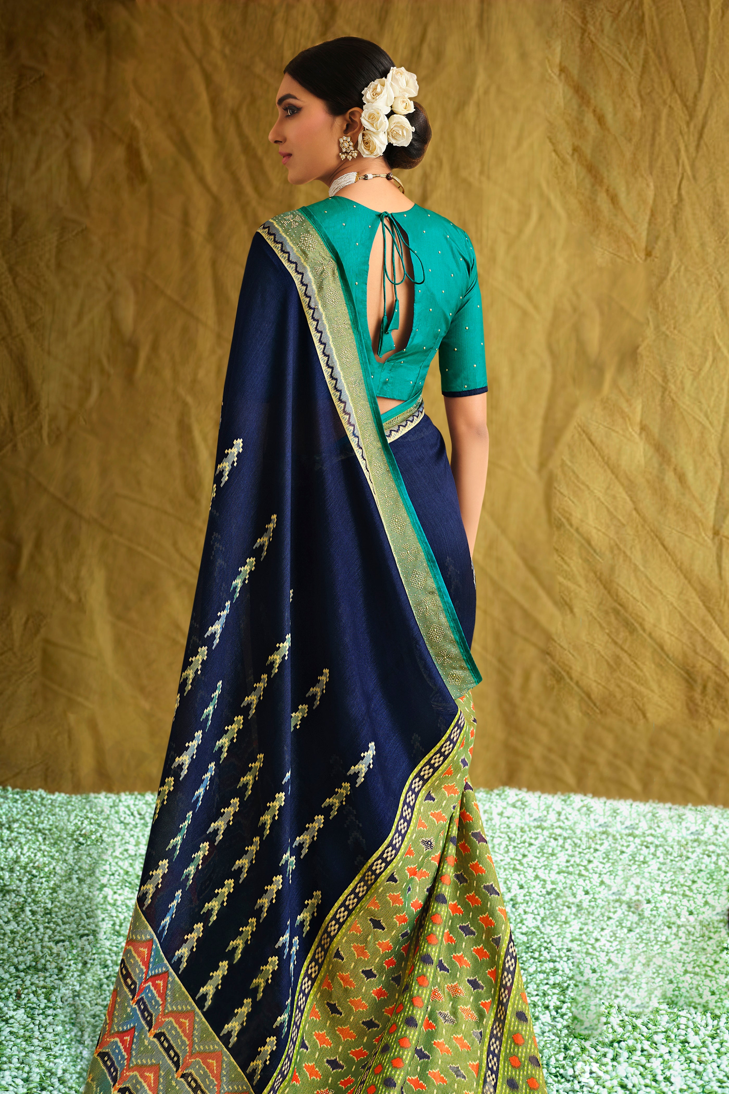 Navy Blue Satin Brasso Printed Saree with Swarovski Work and Turquoise Blouse