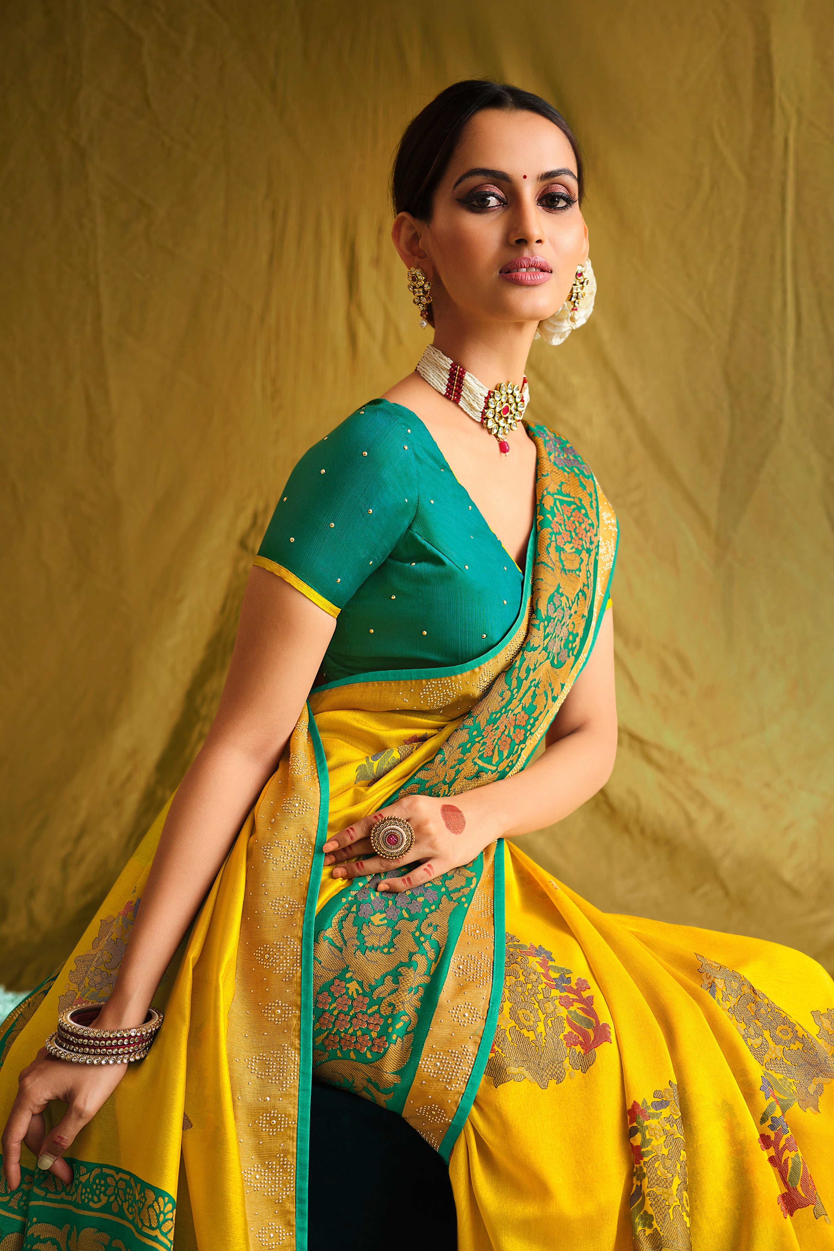 Yellow Satin Brasso Printed Saree with Turquoise Blouse and Designer Work