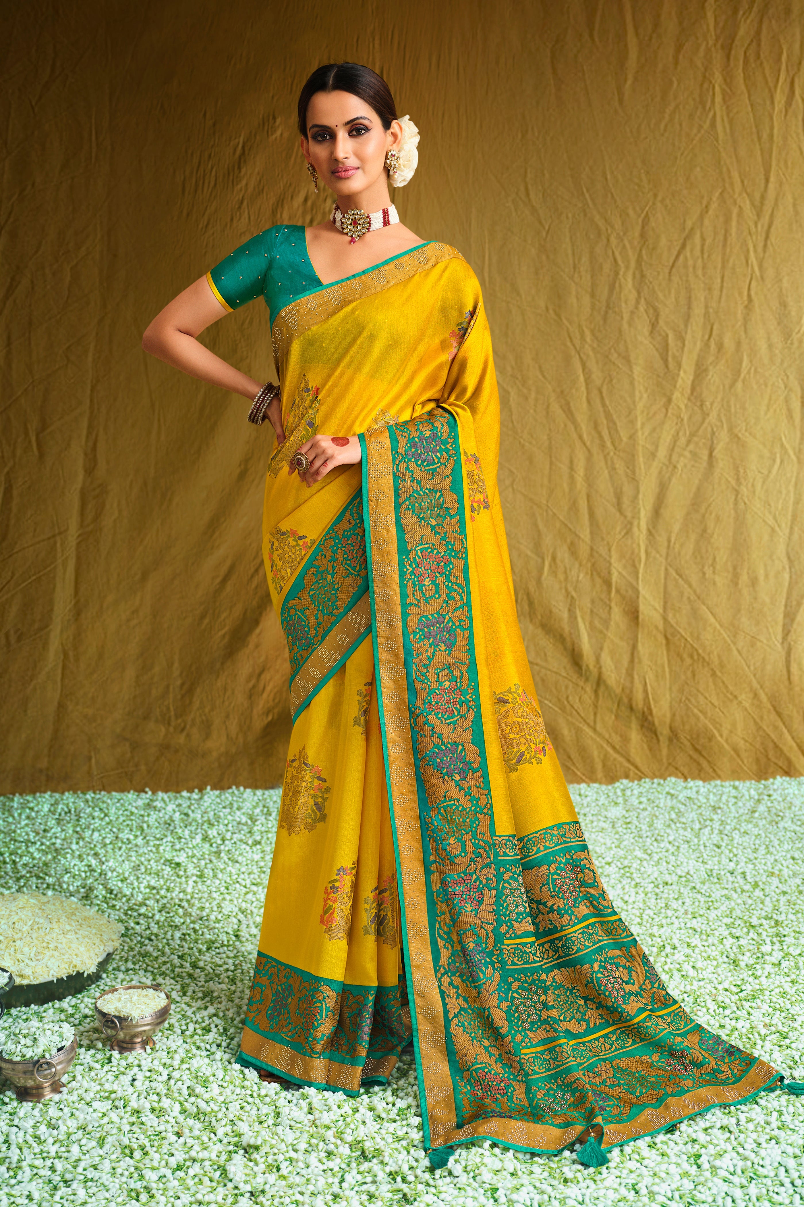 Yellow Satin Brasso Printed Saree with Turquoise Blouse and Designer Work