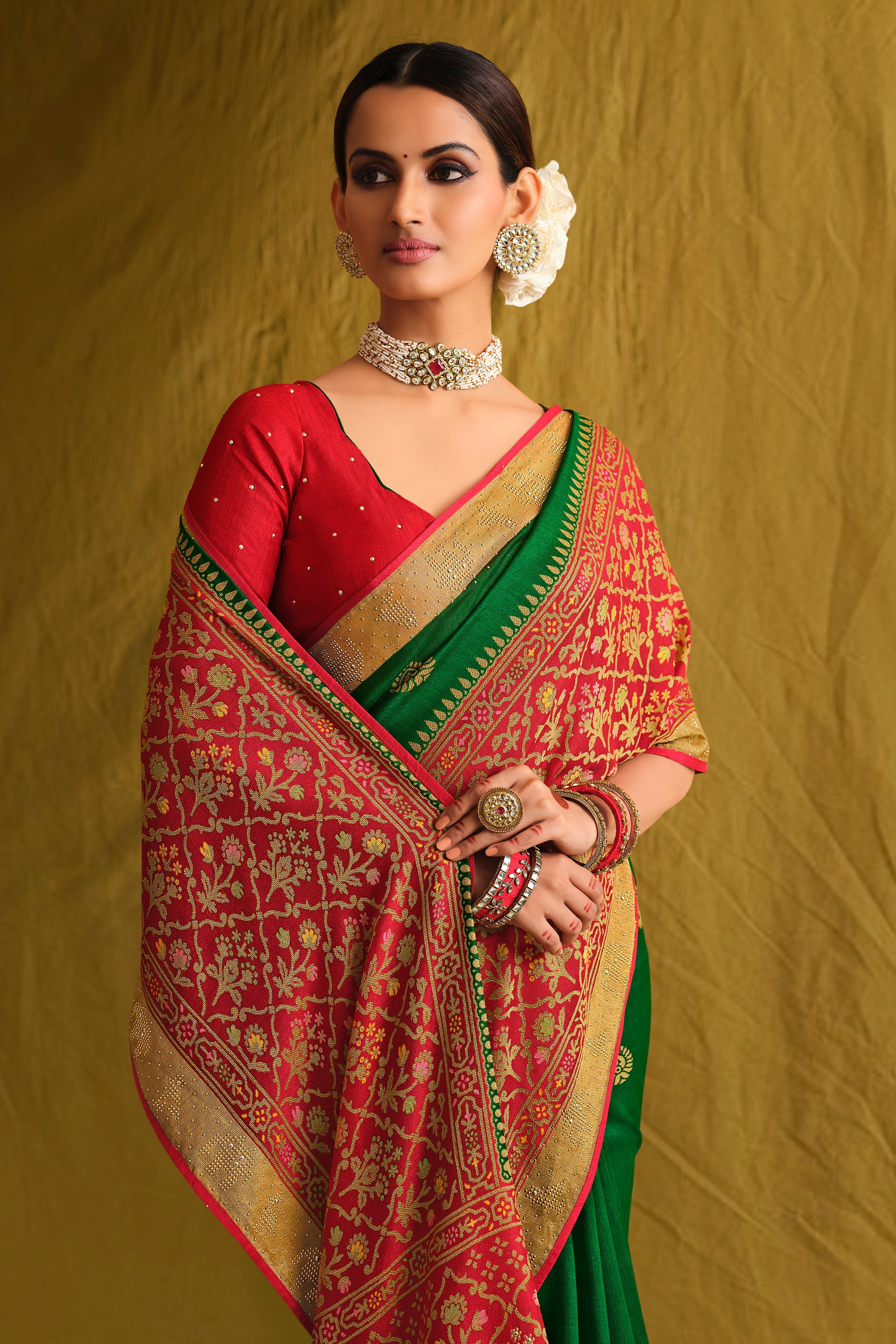 Green Satin Brasso Printed Saree with Rust Red Blouse and Designer Work