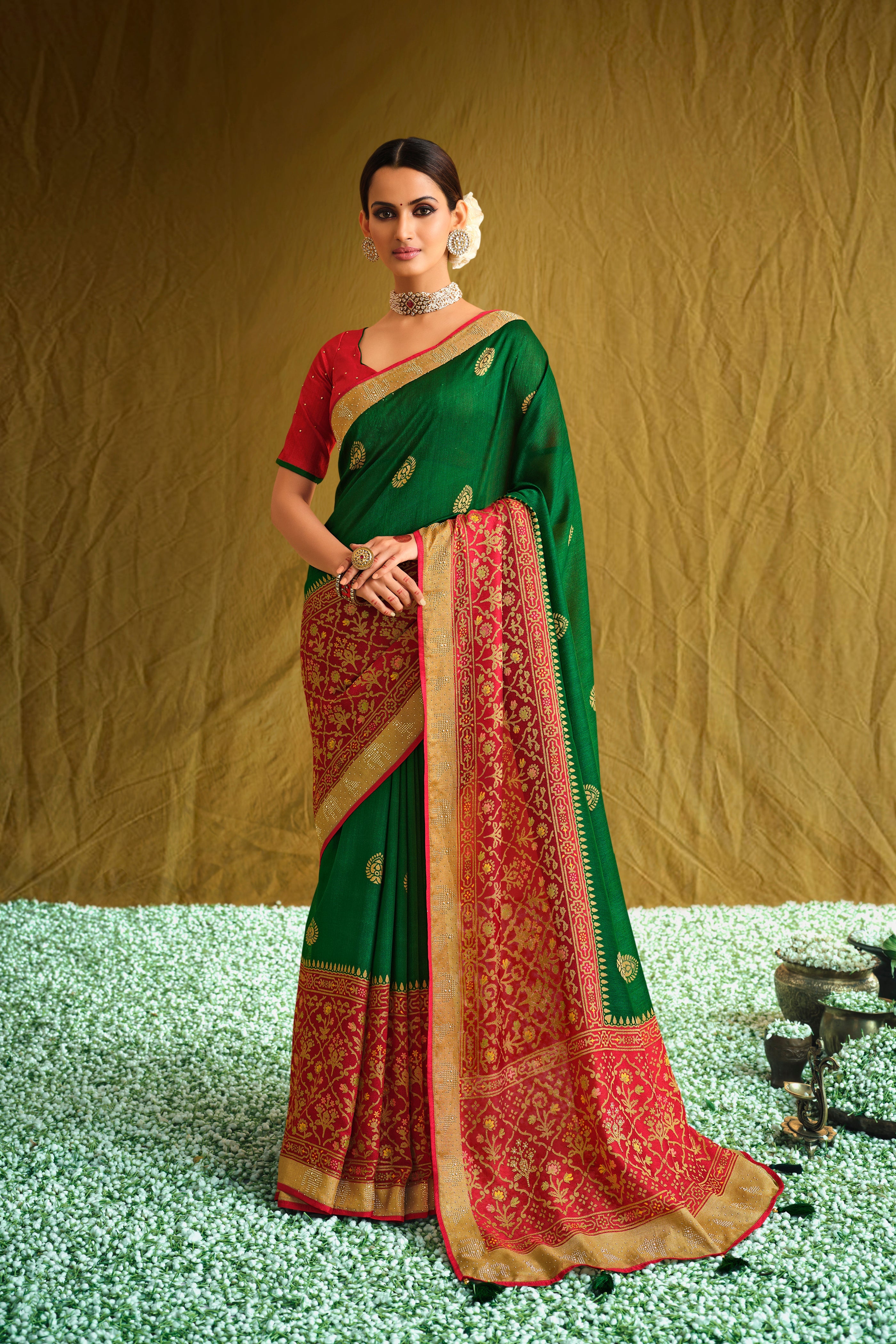 Green Satin Brasso Printed Saree with Rust Red Blouse and Designer Work