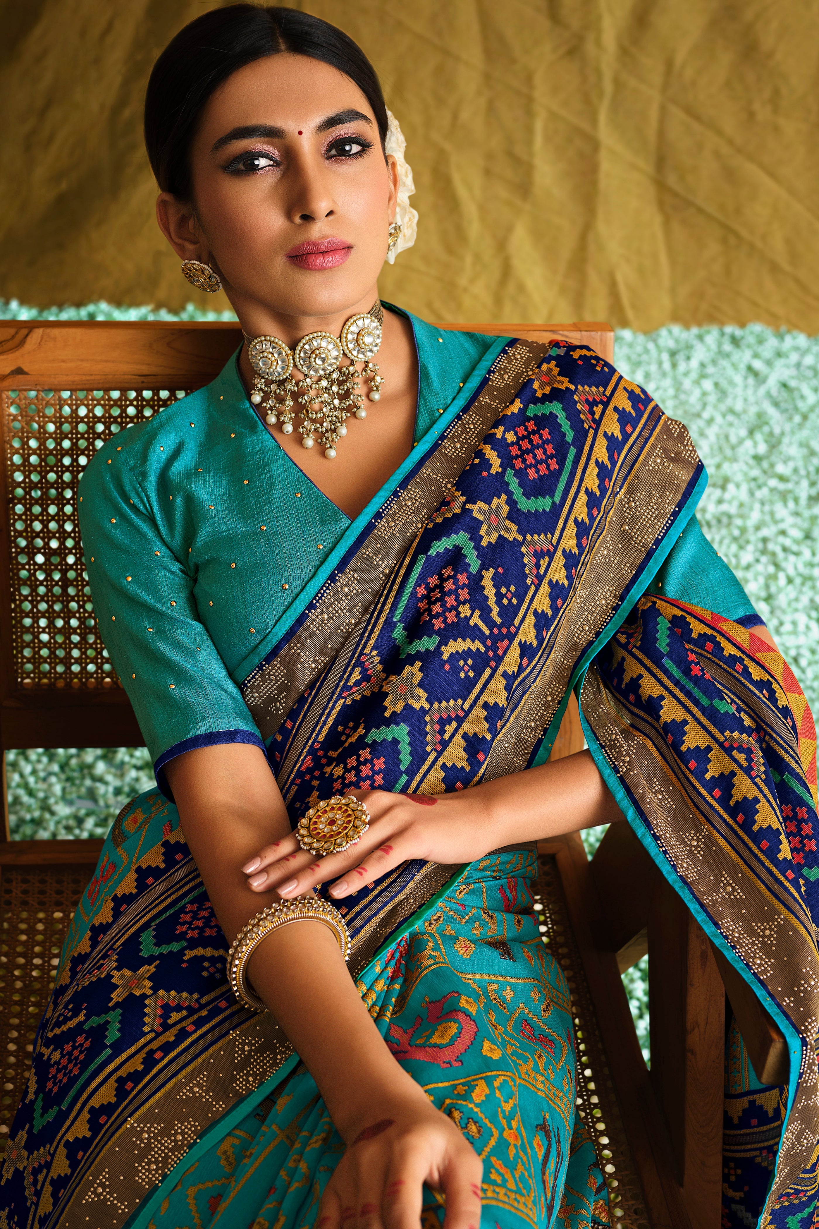 Rama Satin Brasso Printed Saree with Matching Blouse and Designer Pallu