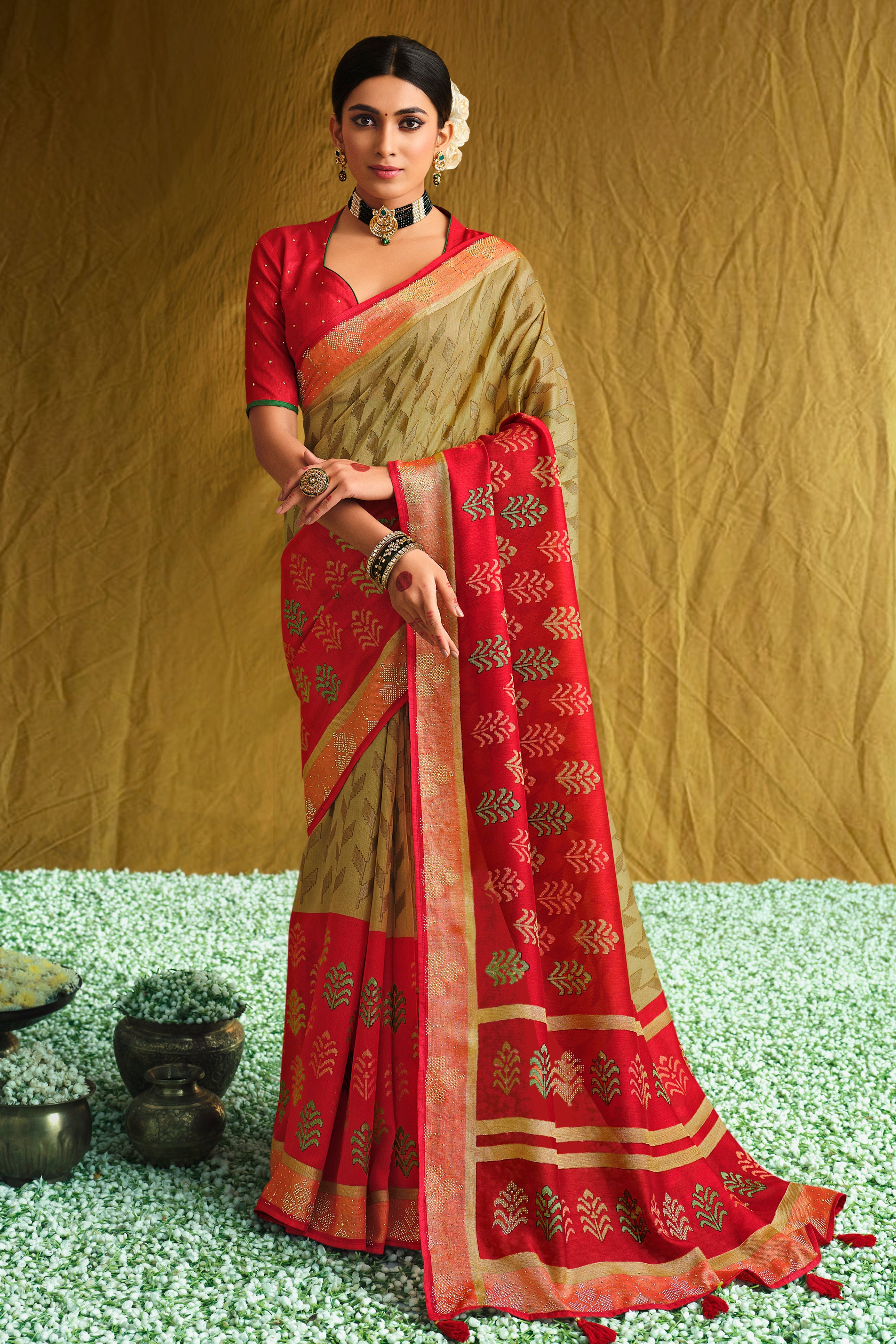 Designer Beige & Red Satin Saree with Brasso Print & Swarovski Work