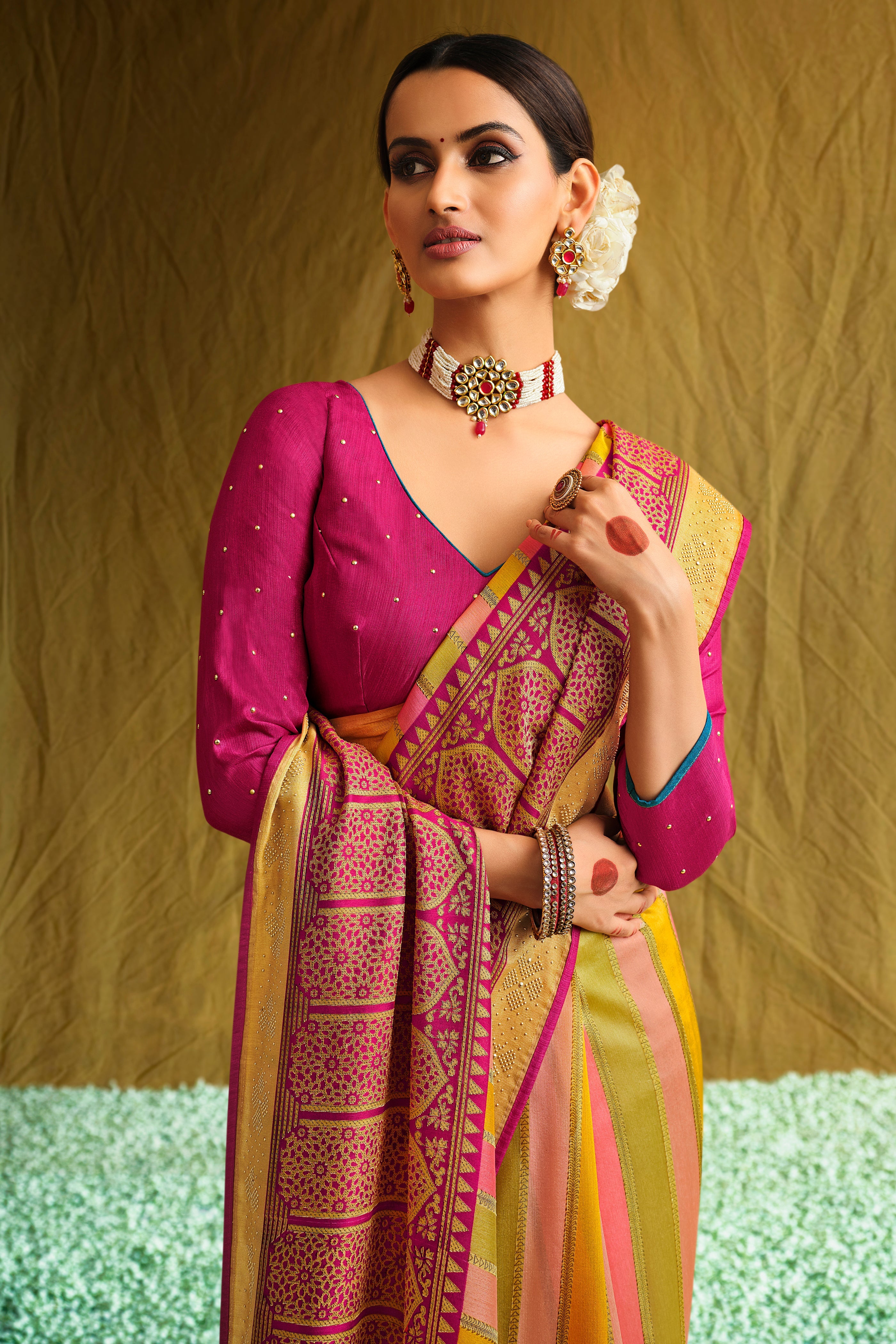 Designer Multi-Colour Satin Saree with Rani Blouse & Tassels