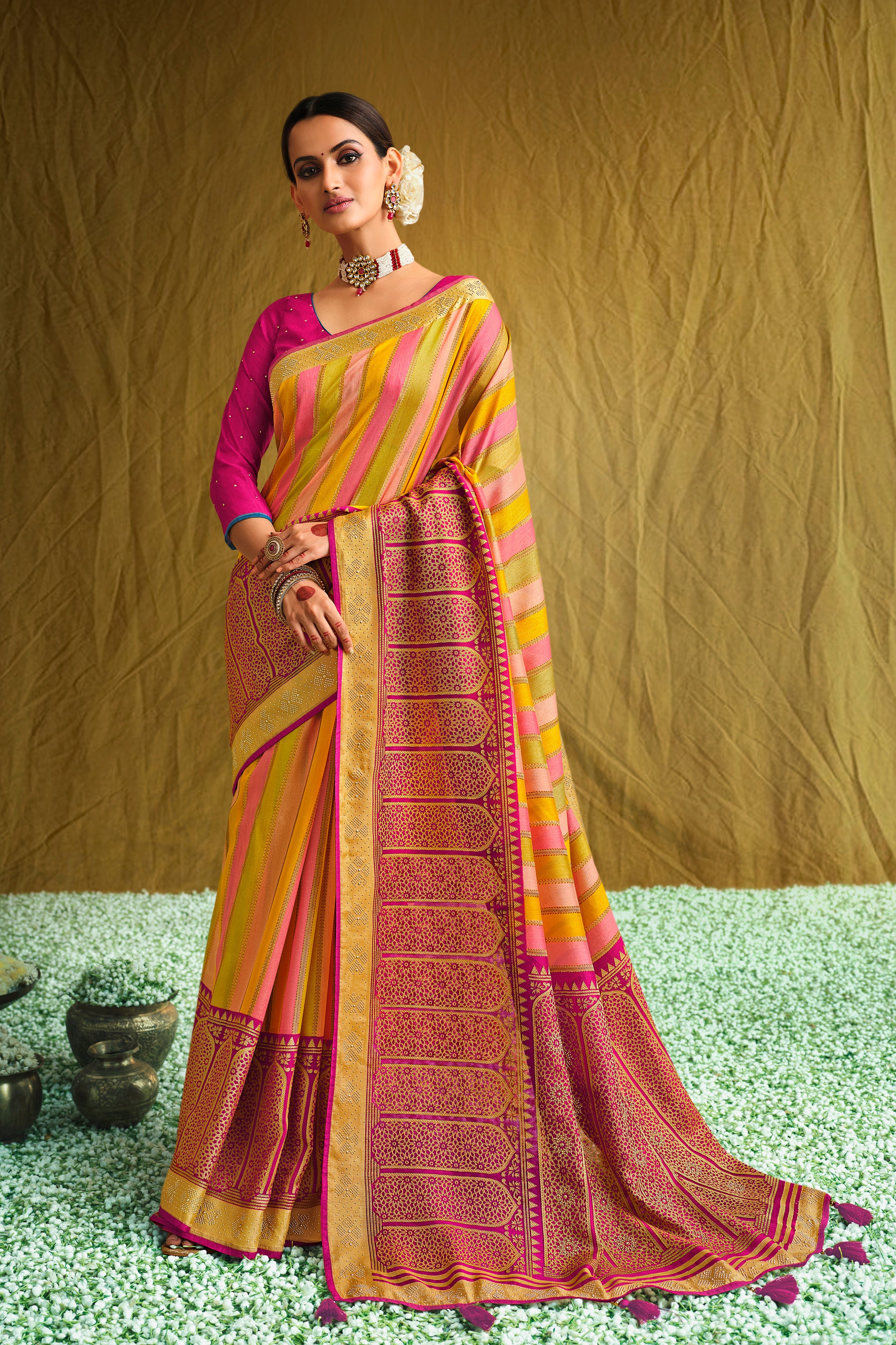 Designer Multi-Colour Satin Saree with Rani Blouse & Tassels