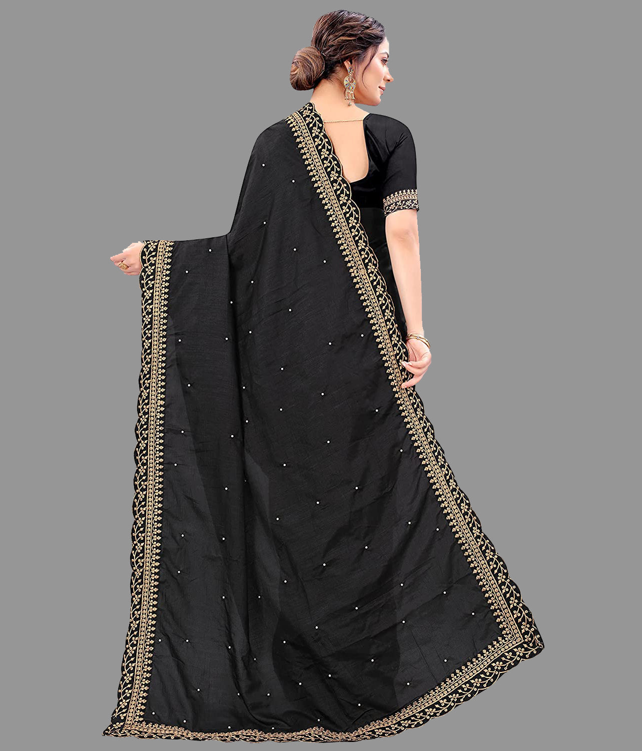 Black Vichitra Silk Saree with Embroidery Cut Work Lace & Moti Work