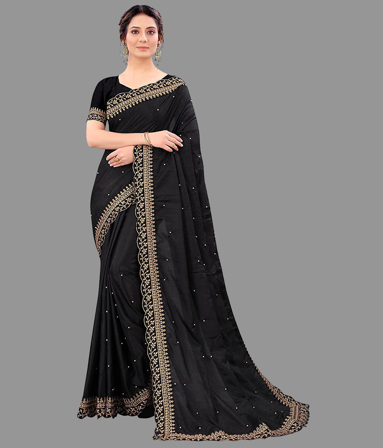 Black Vichitra Silk Saree with Embroidery Cut Work Lace & Moti Work