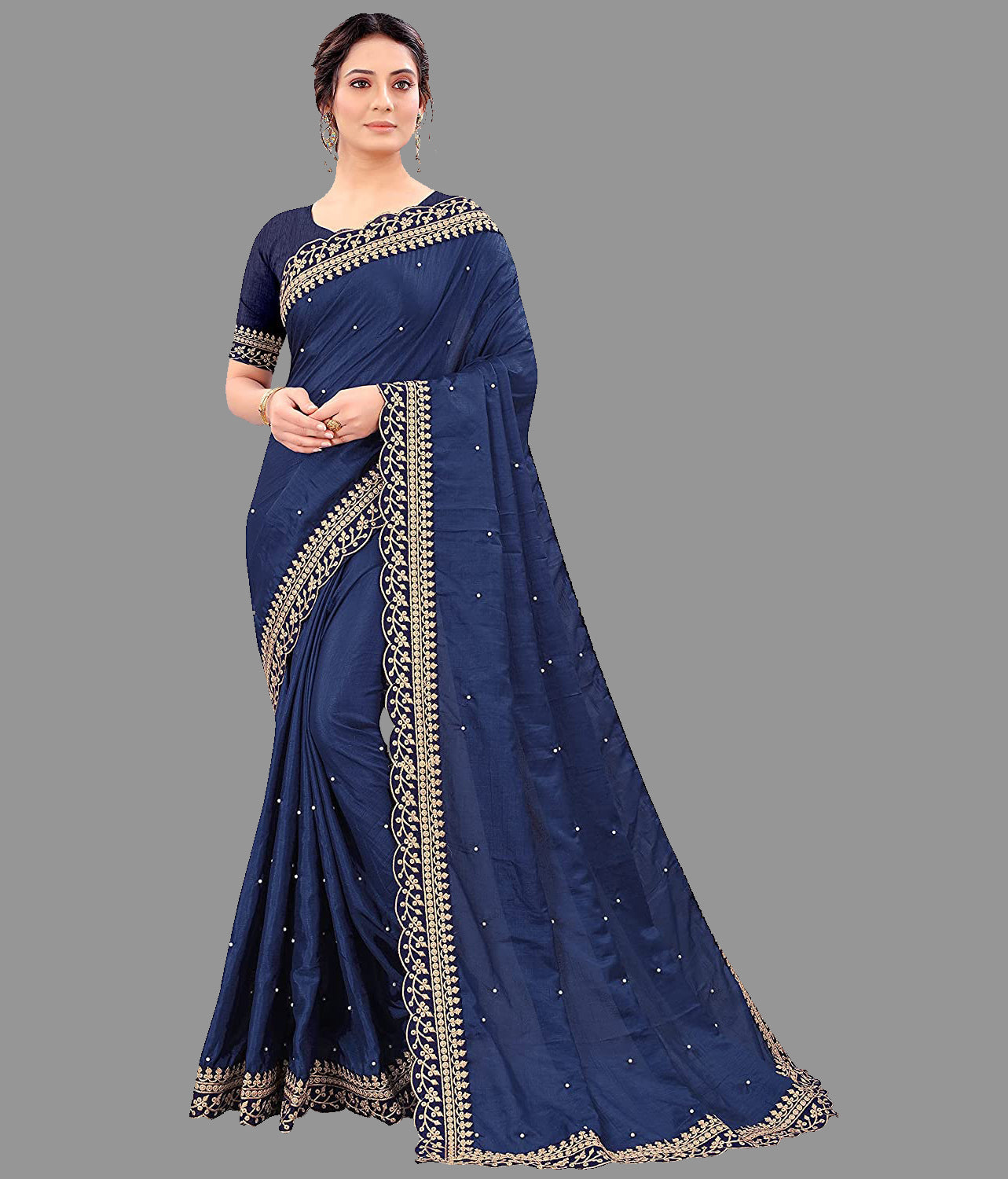 Blue Vichitra Silk Saree with Embroidery Cut Work Lace & Moti Work