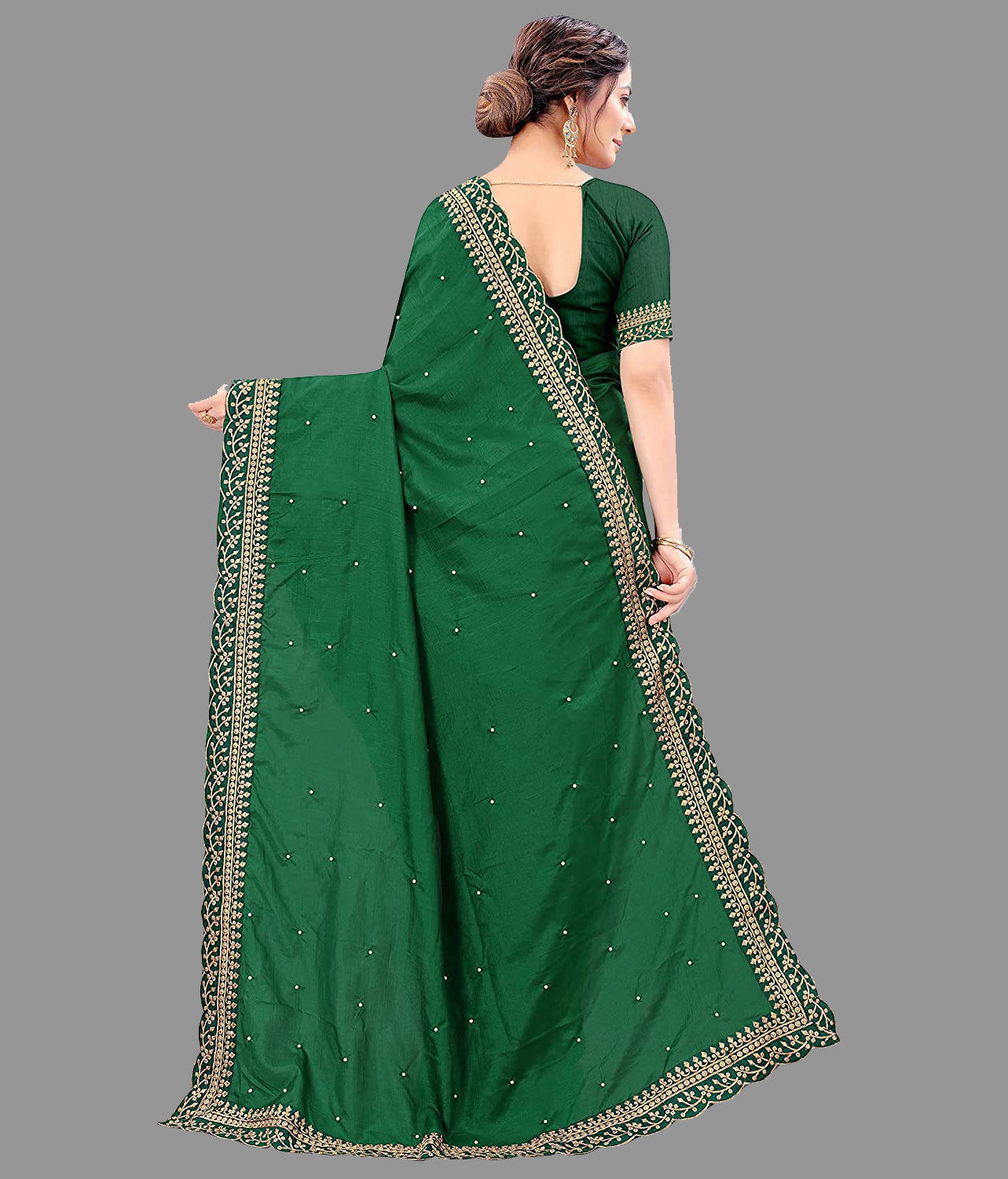 Green Vichitra Silk Saree with Embroidery Cut Work Lace & Moti Work