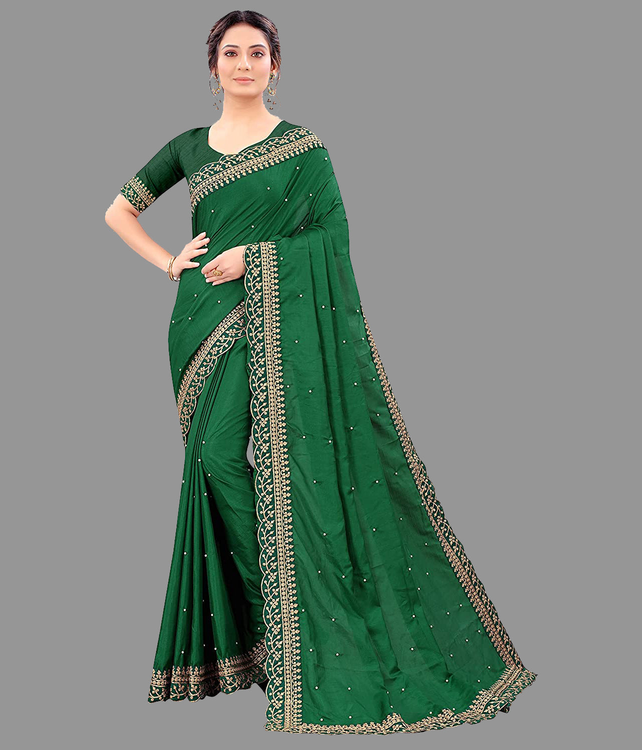 Green Vichitra Silk Saree with Embroidery Cut Work Lace & Moti Work