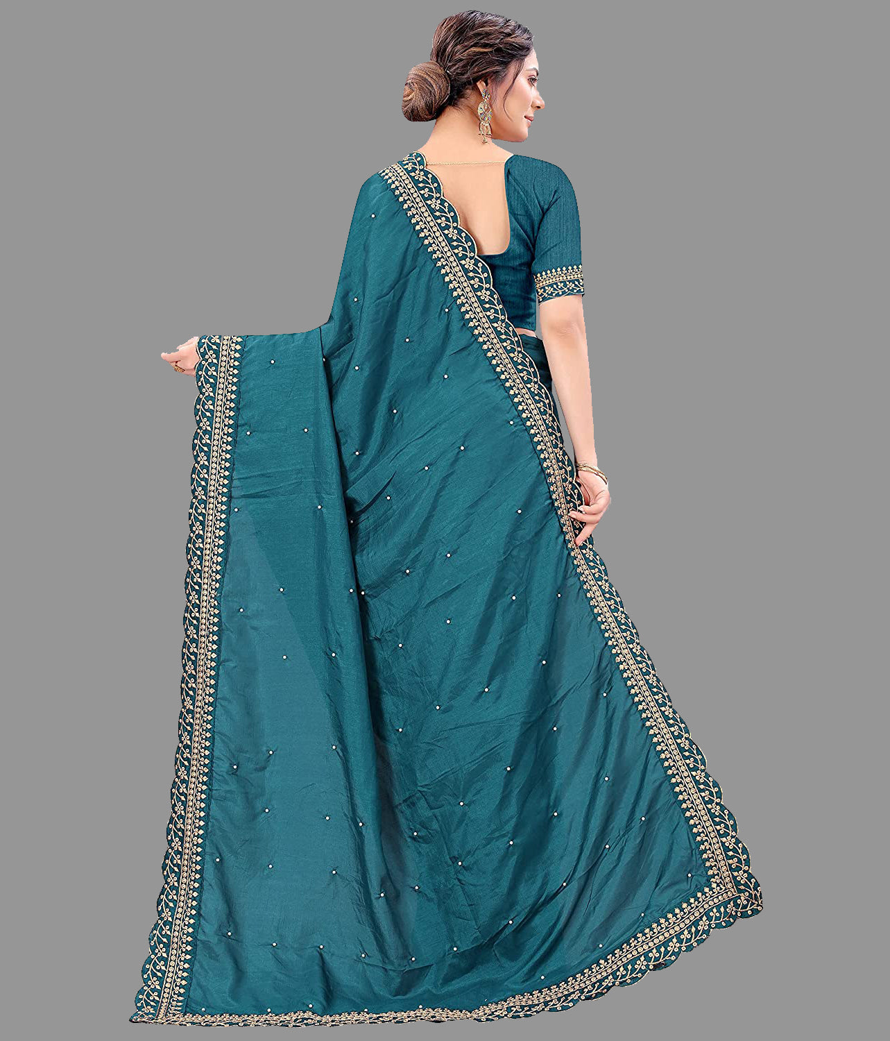 Elegant Teal Blue Vichitra Silk Saree with Embroidery Cut Work