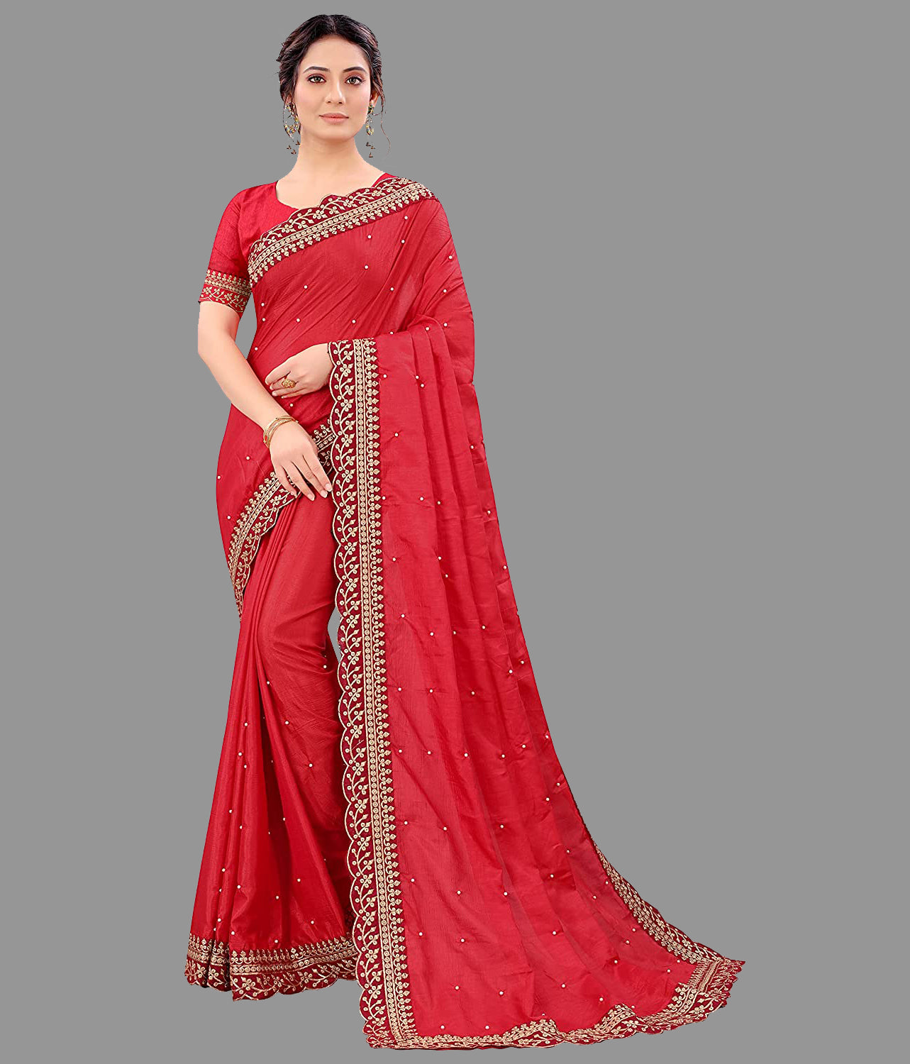 Radiant Red Vichitra Silk Saree with Embroidery Cut Work