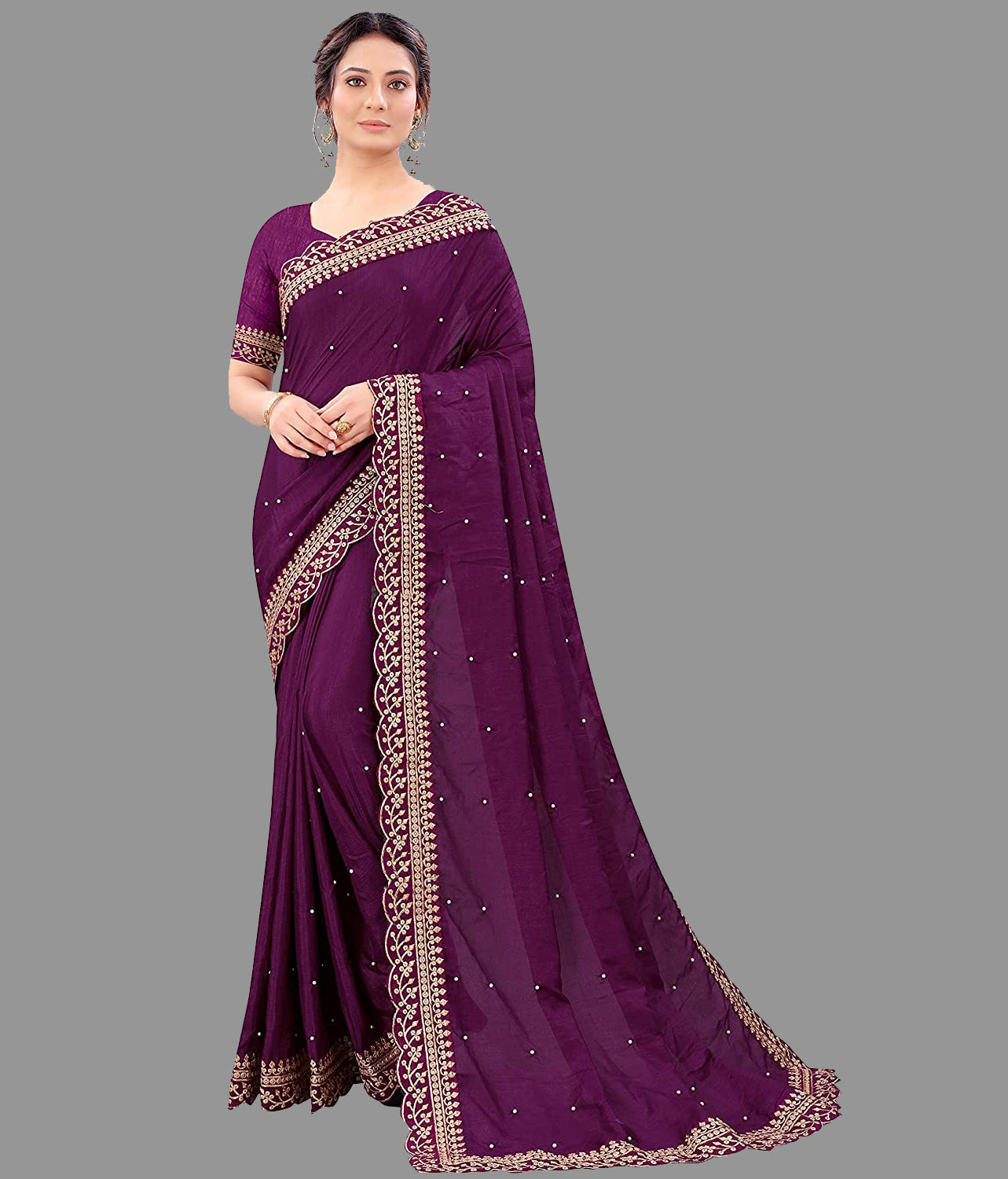 Royal Purple Vichitra Silk Saree with Embroidery Cut Work