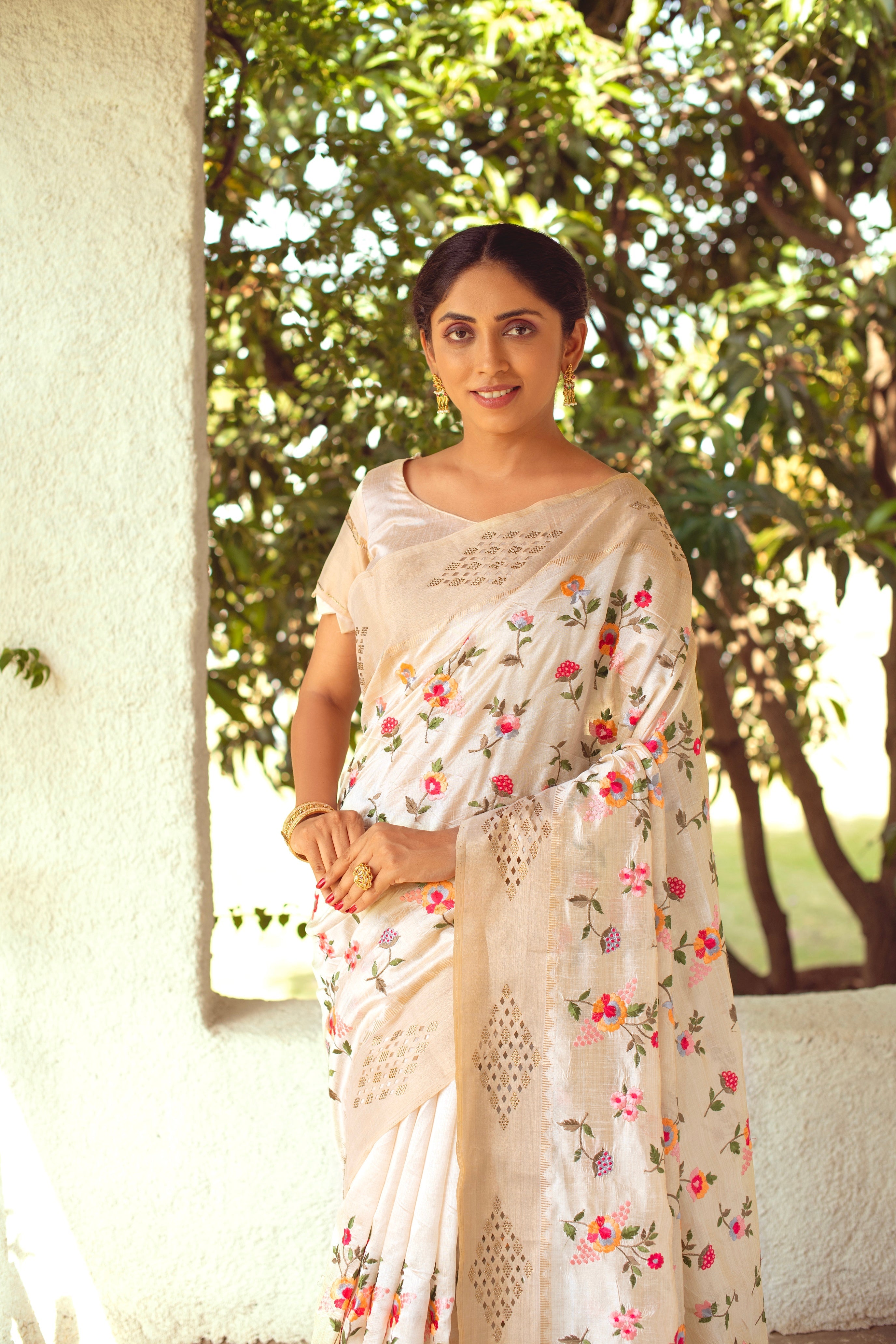 Cream Mysore Silk Saree with Embroidery