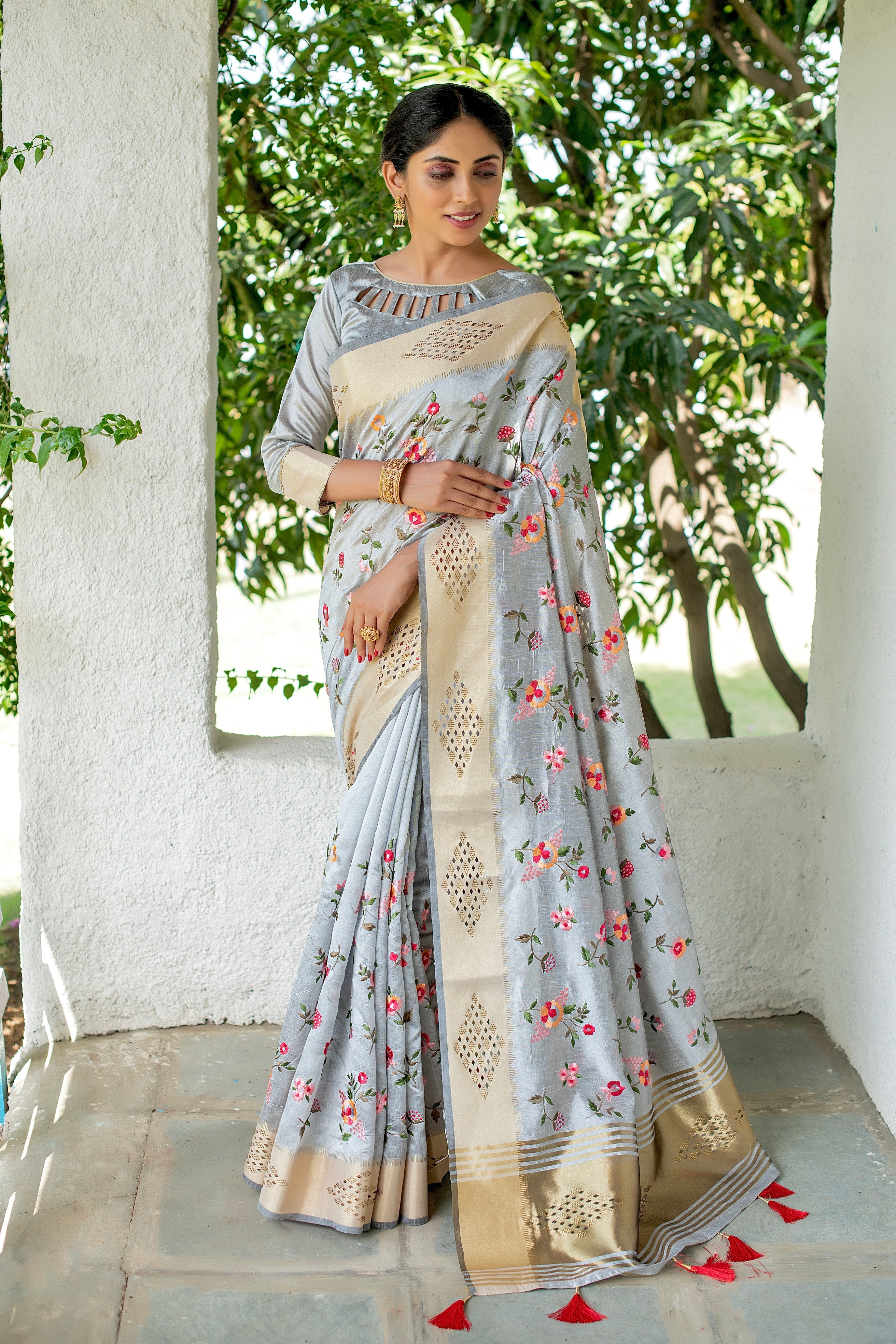 Elegant Grey Mysore Silk Saree with Floral Embroidery