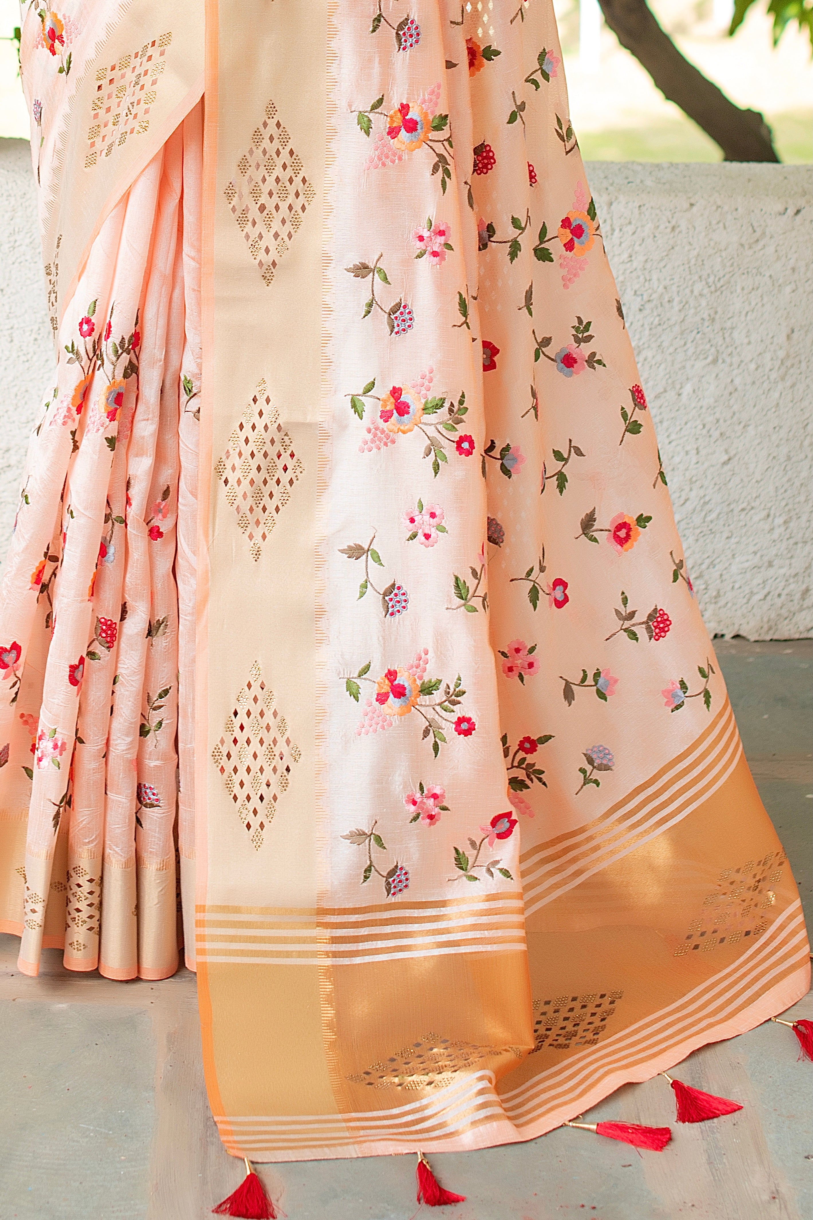 Peach Mysore Silk Saree with Embroidery