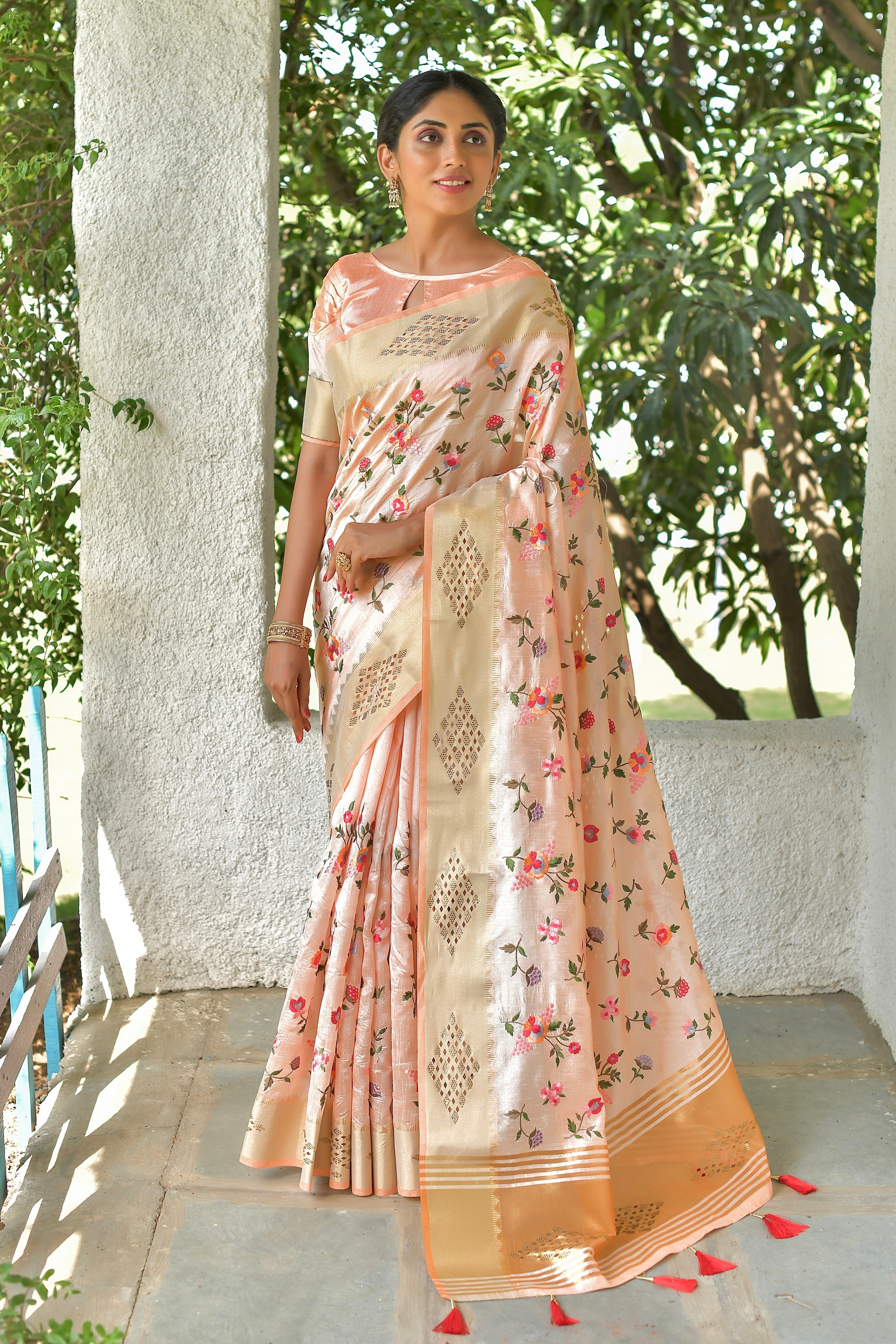 Peach Mysore Silk Saree with Embroidery