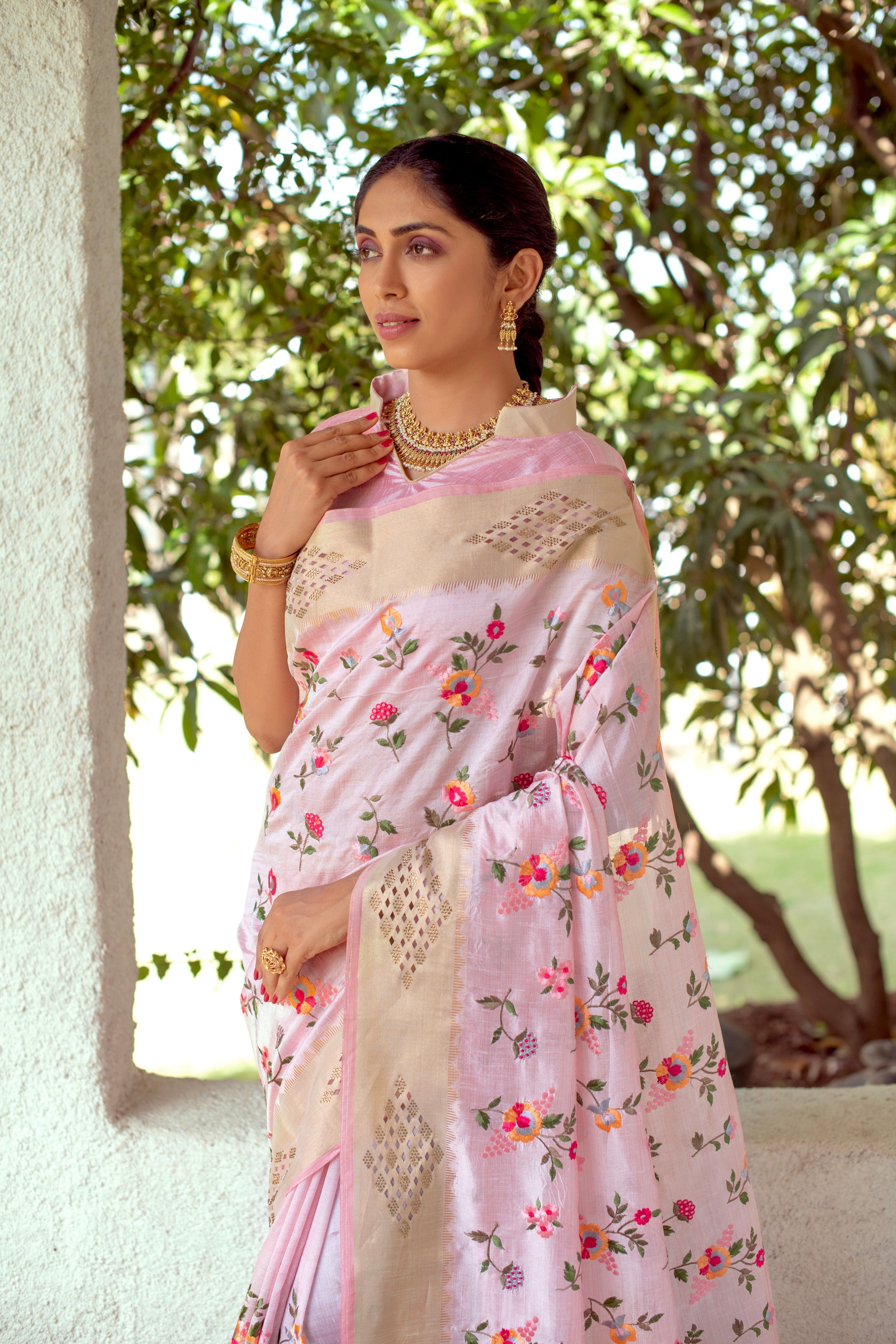 Pink Mysore Silk Saree with Floral Embroidery