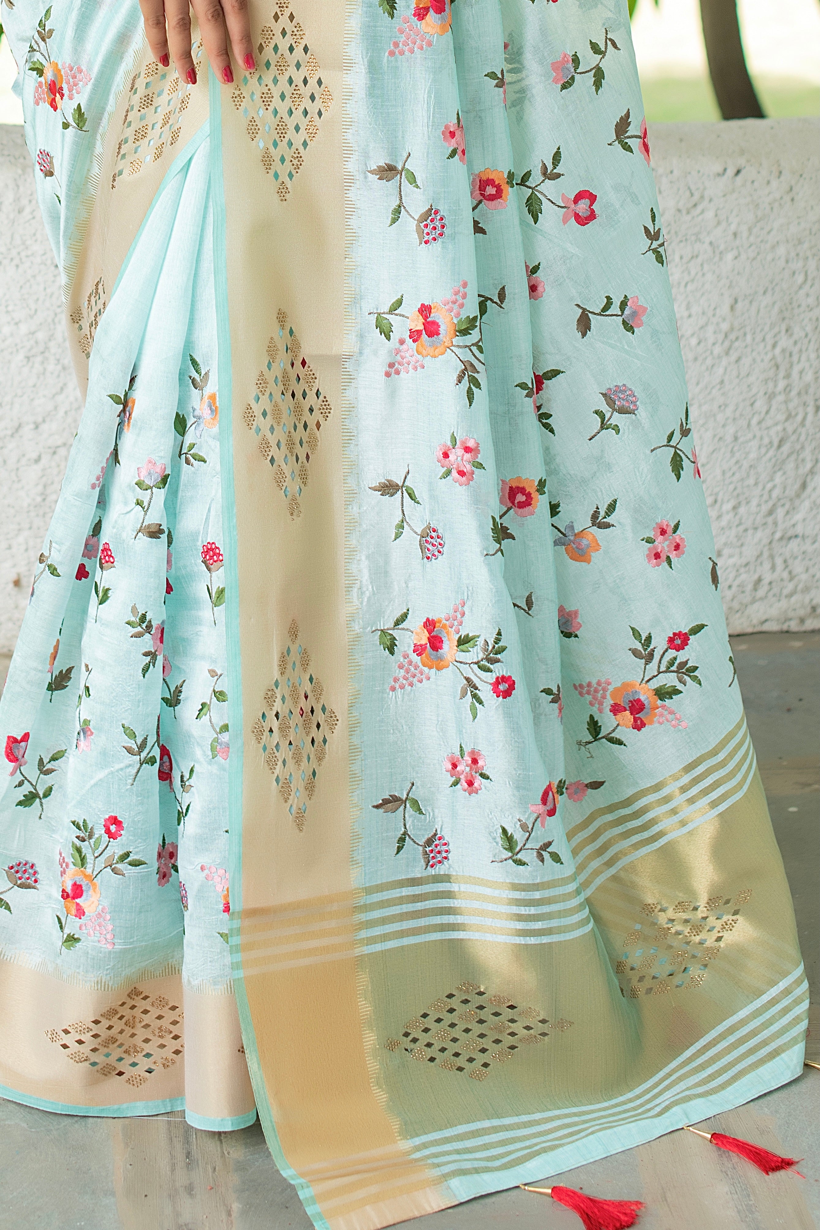 Mint Green Mysore Silk Saree with Embroidery