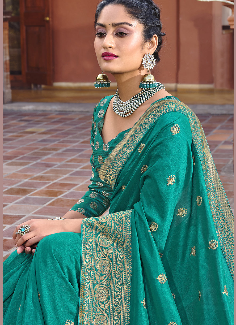 Sea Green Silk Blend Saree with Embroidered Wevon Border & Blouse