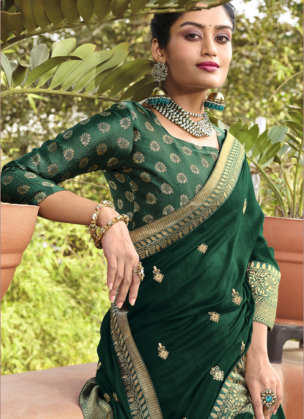 Green Silk Blend Saree with Embroidered Wevon Border & Matching Blouse