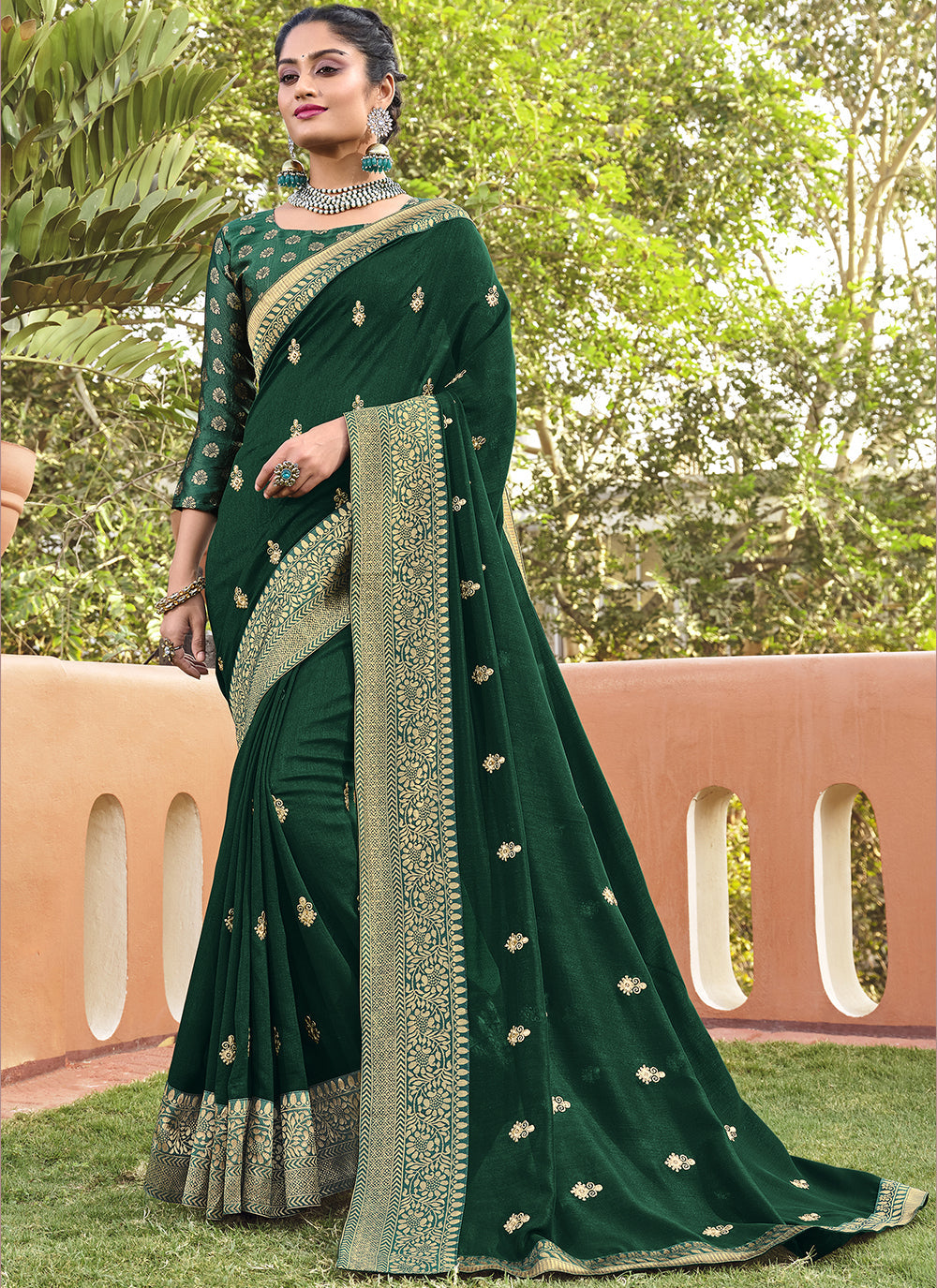 Green Silk Blend Saree with Embroidered Wevon Border & Matching Blouse