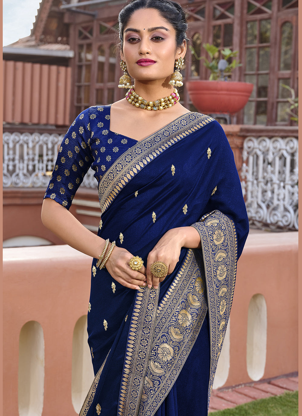Royal Blue Silk Blend Saree with Golden Embroidery and Wevon Border Blouse
