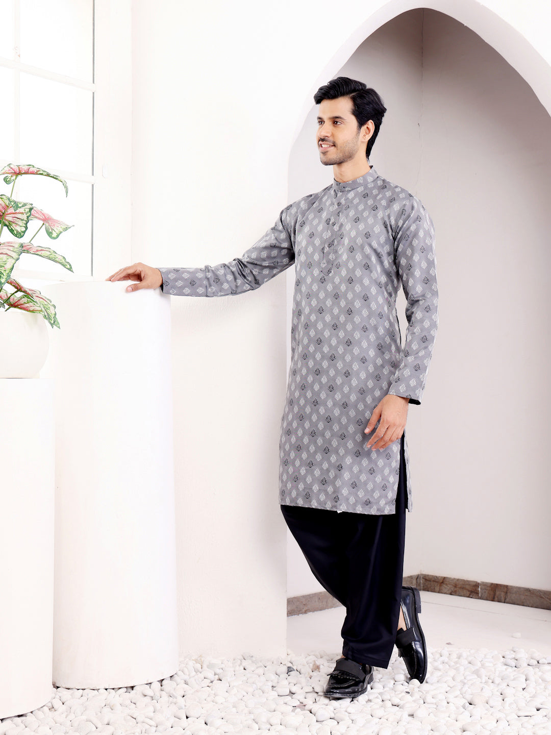 Grey Viscose Jacquard Kurta for Men – Perfect for Festive & Wedding Wear