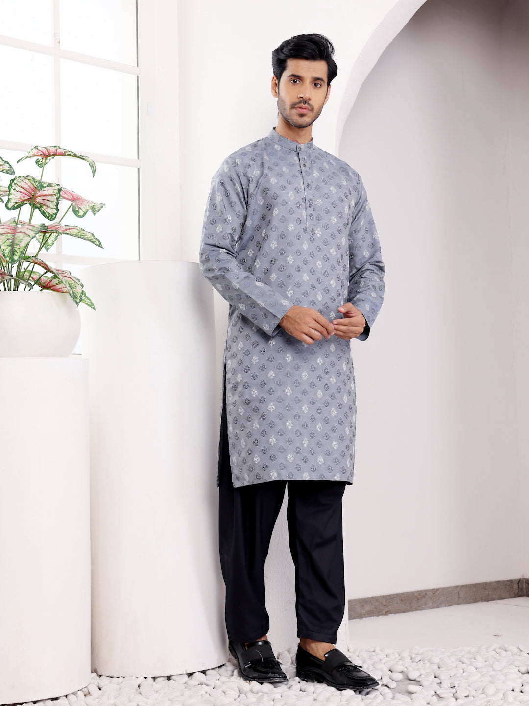 Steel Grey Festive Jacquard Kurta for Men – Elegant Traditional Wear