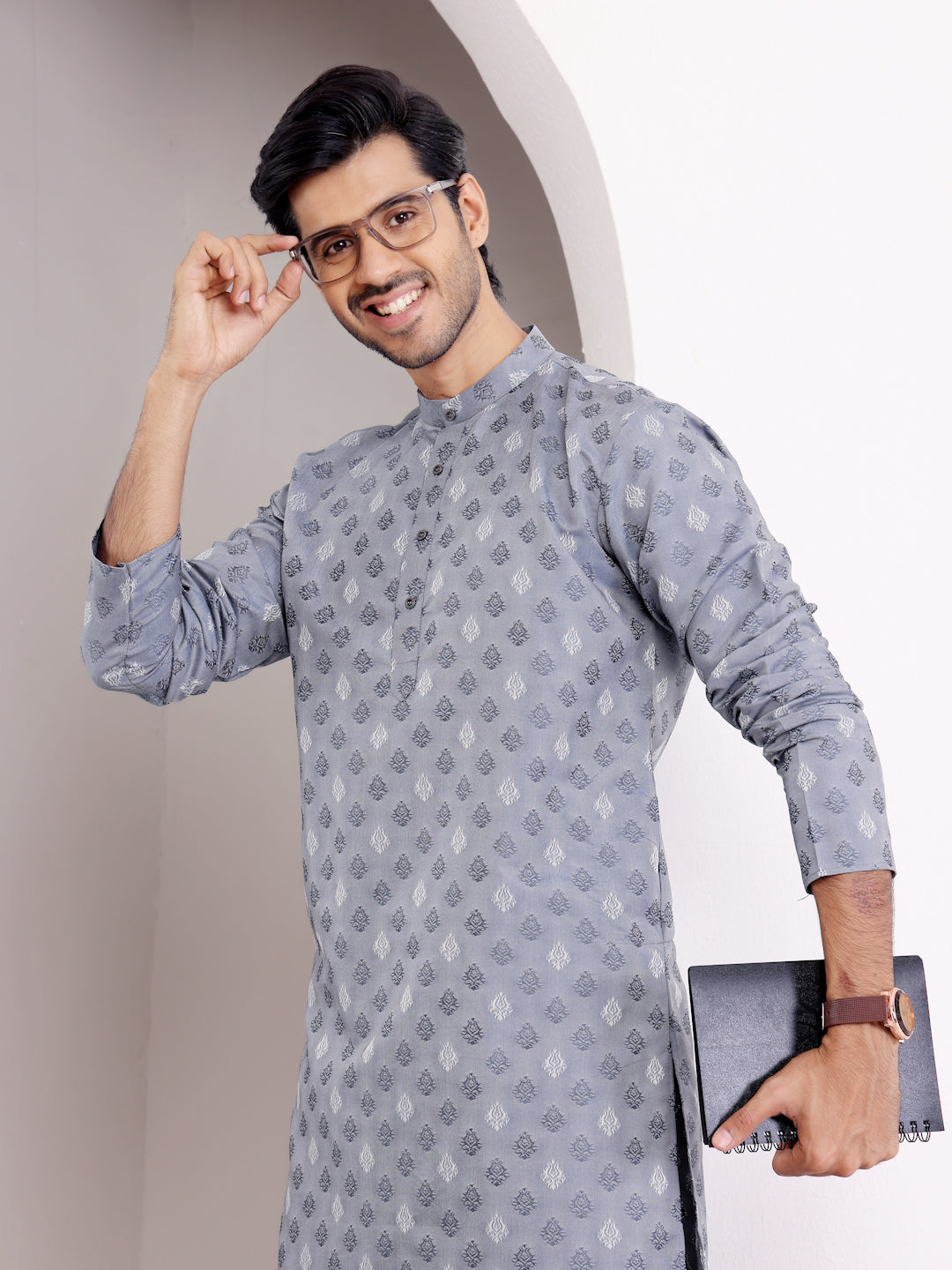 Steel Grey Festive Jacquard Kurta for Men – Elegant Traditional Wear