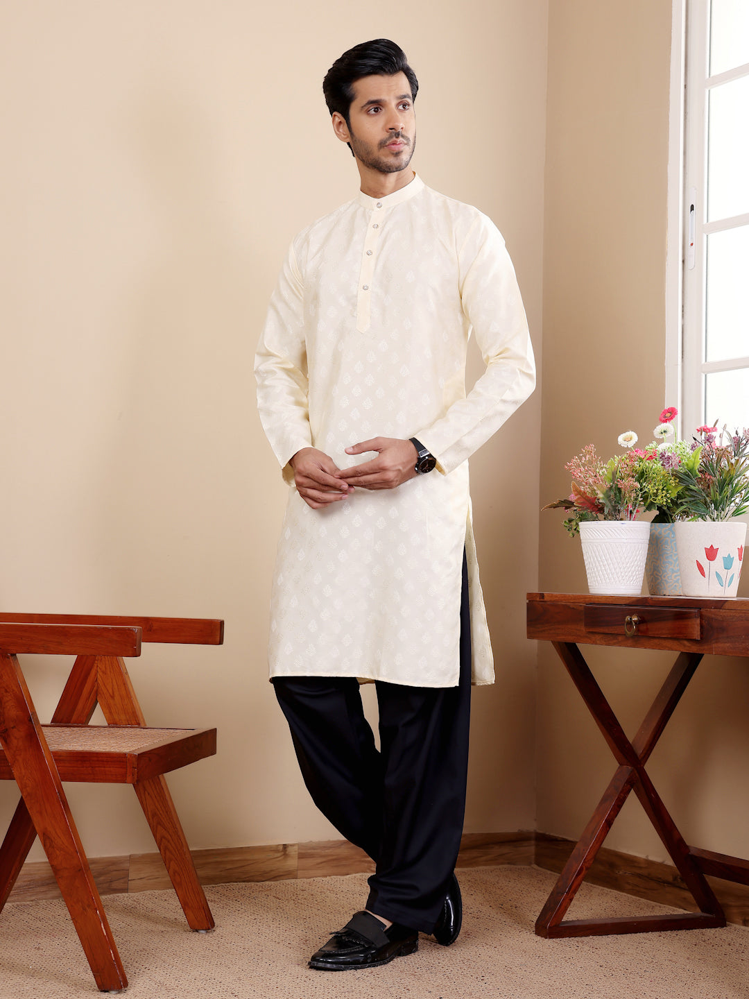 Classic Cream Jacquard Kurta for Men – Ideal for Traditional and Festive Occasions