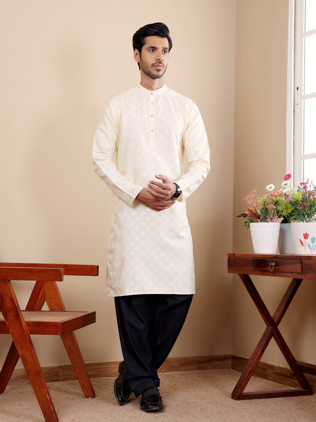 Classic Cream Jacquard Kurta for Men – Ideal for Traditional and Festive Occasions
