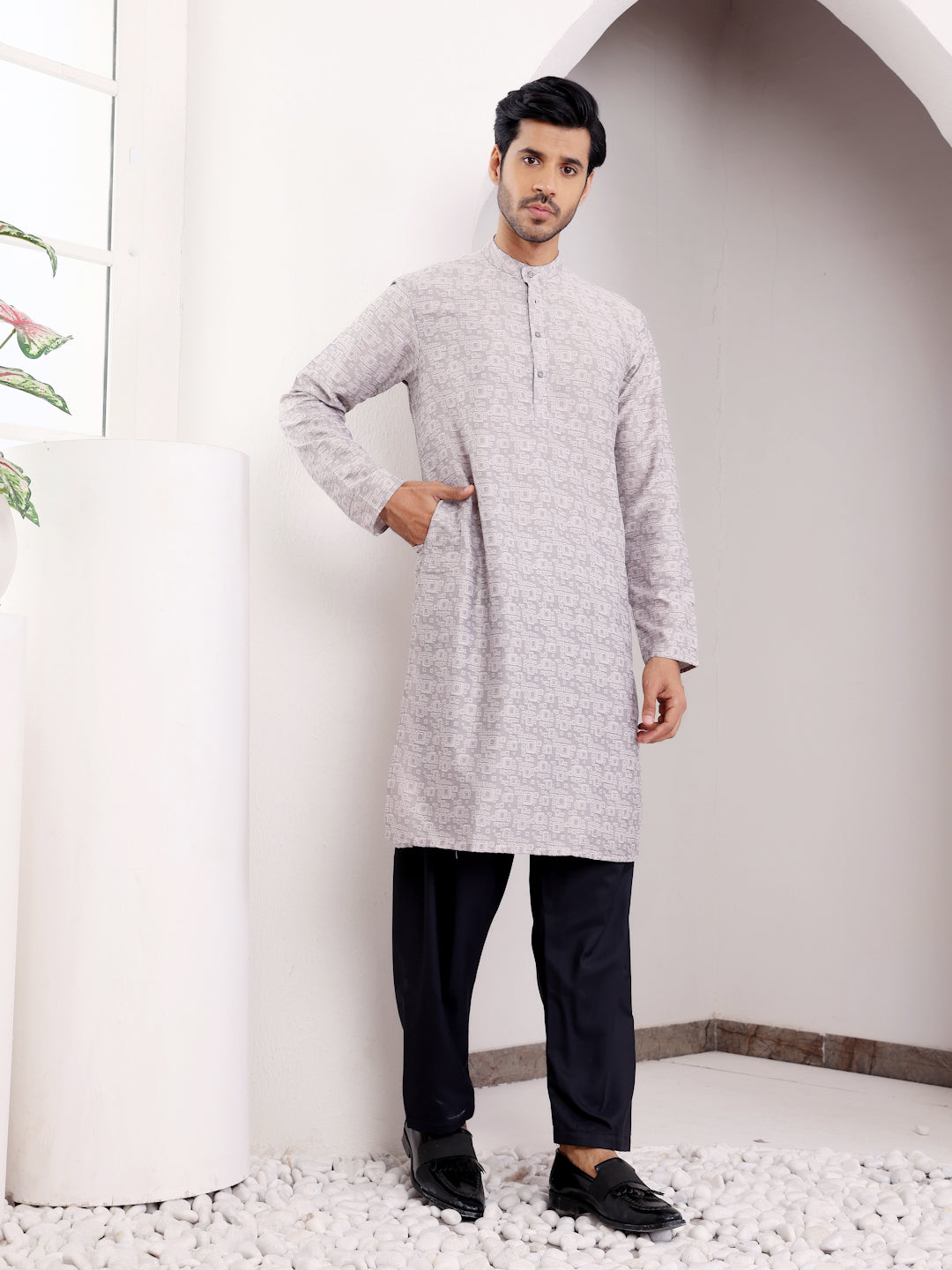 Textured Light Grey Printed Kurta for Men – Subtle Ethnic Elegance
