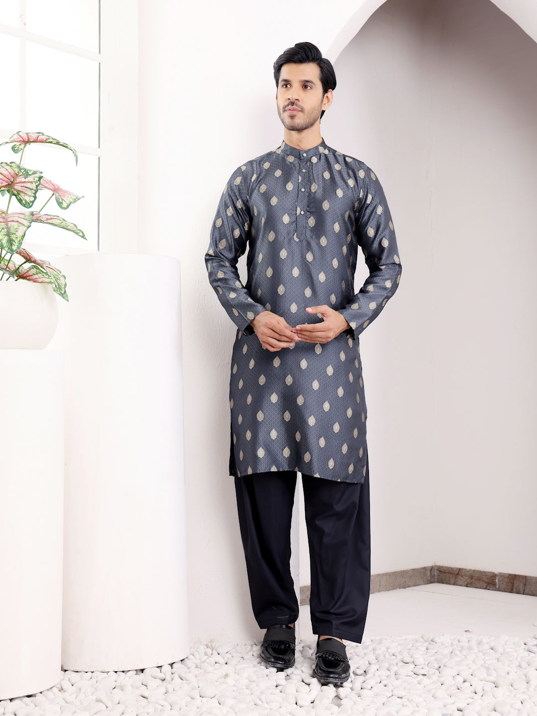 Royal Navy Blue Jacquard Kurta for Men – Festive & Wedding Wear with Golden Motifs
