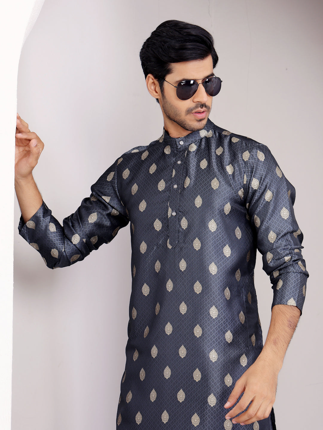 Royal Navy Blue Jacquard Kurta for Men – Festive & Wedding Wear with Golden Motifs