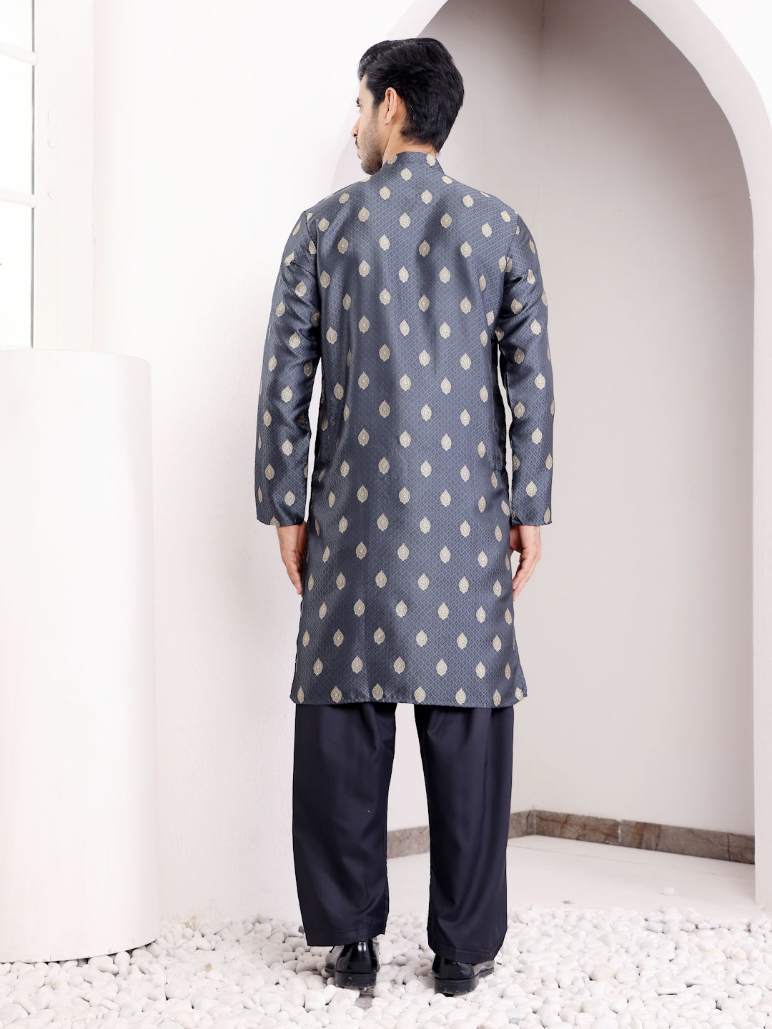 Royal Navy Blue Jacquard Kurta for Men – Festive & Wedding Wear with Golden Motifs