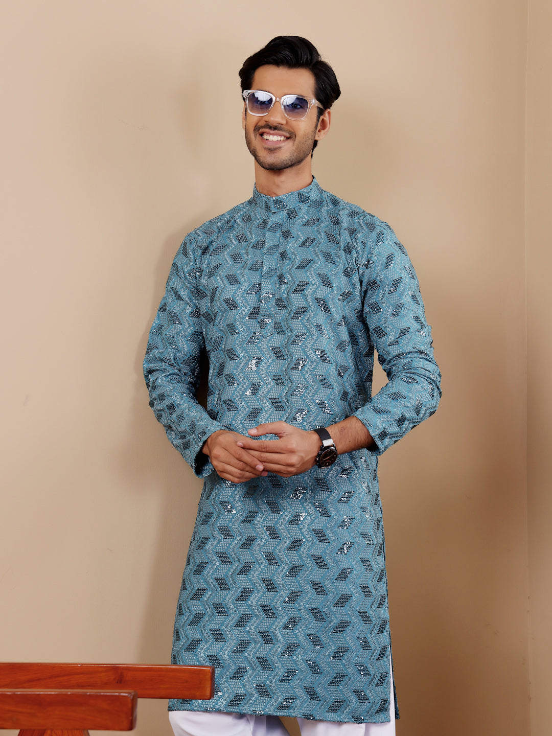 Cyan Blue Viscose Kurta with Cream Art Silk Pajama – Chikankari Embroidery