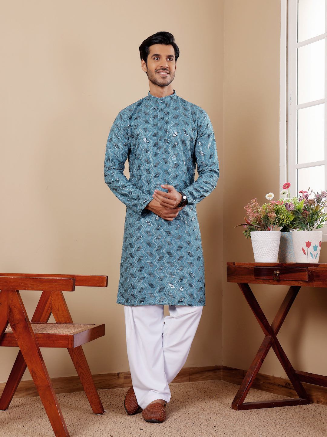 Cyan Blue Viscose Kurta with Cream Art Silk Pajama – Chikankari Embroidery
