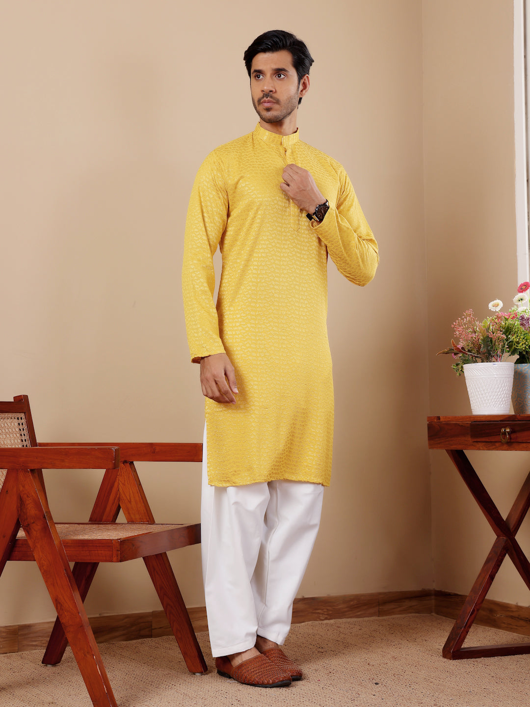 Yellow Chikankari Kurta Pajama Set for Men