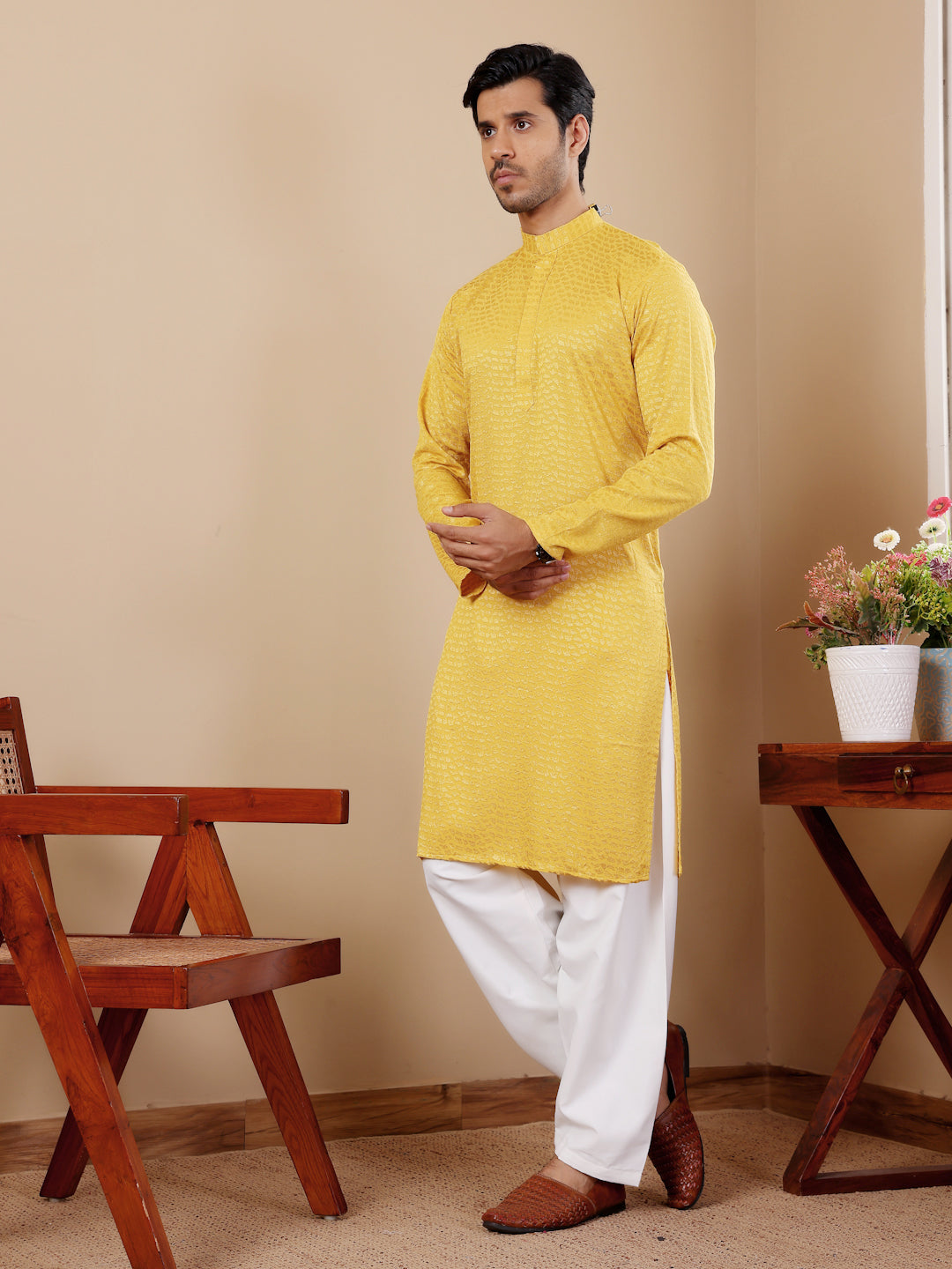 Yellow Chikankari Kurta Pajama Set for Men