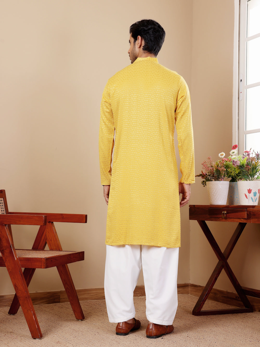 Yellow Chikankari Kurta Pajama Set for Men