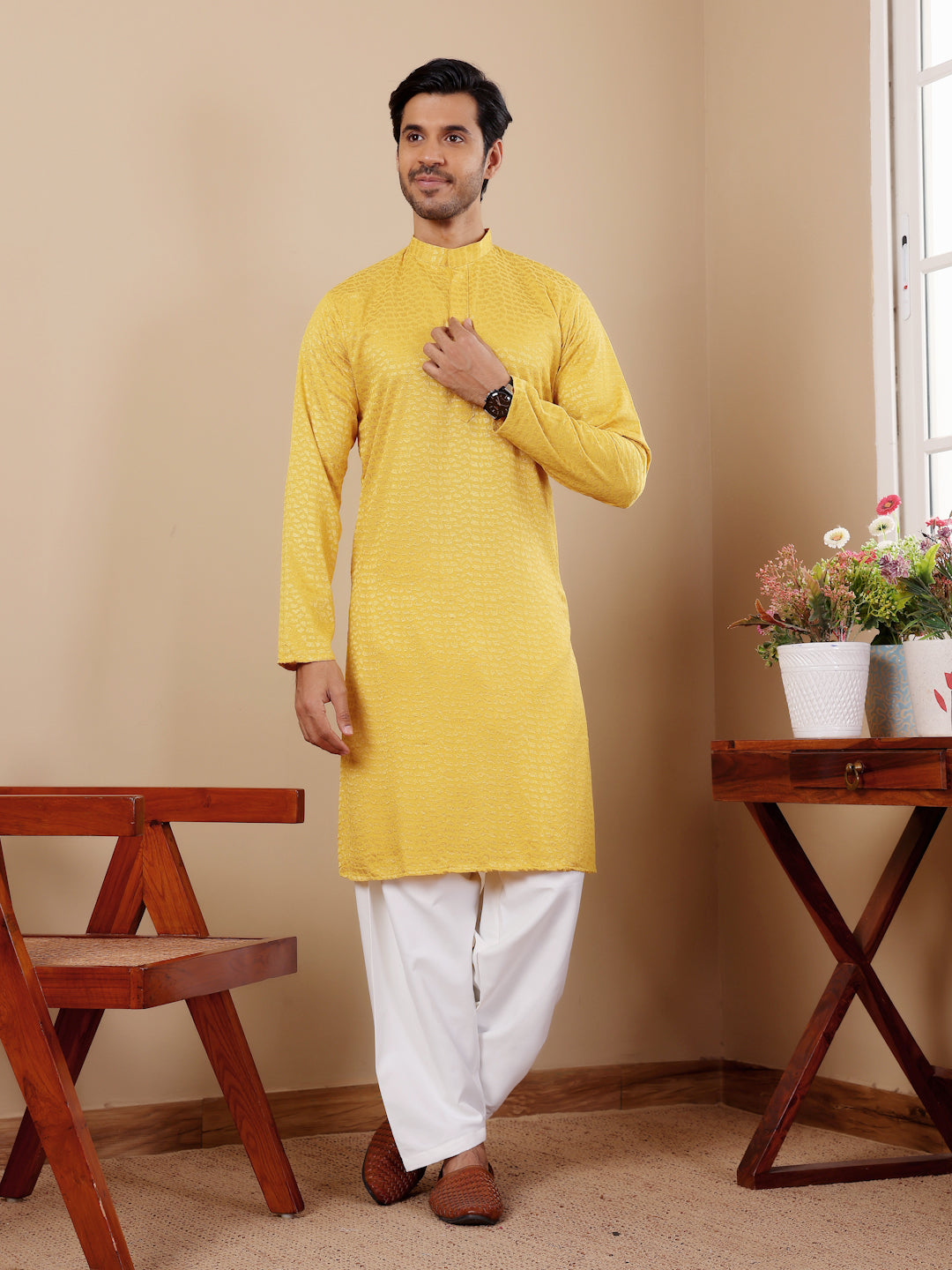 Yellow Chikankari Kurta Pajama Set for Men
