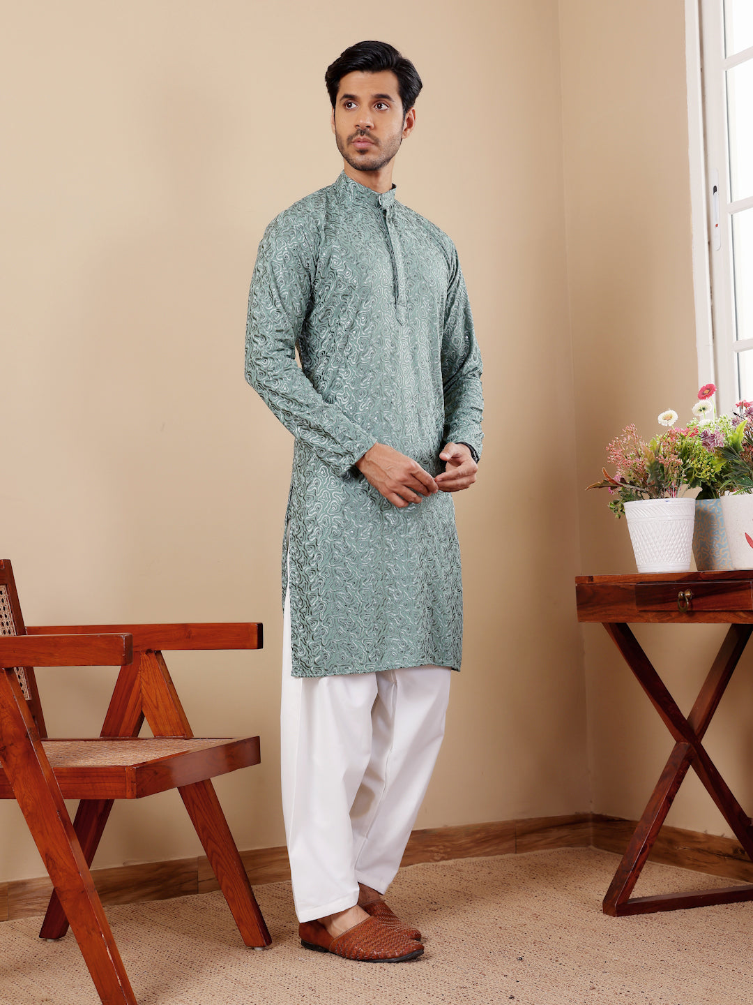 Sage Green Embroidered Kurta Pajama Set for Men