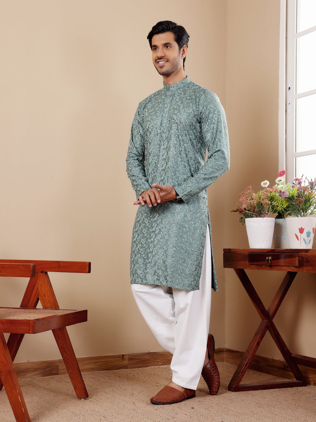 Sage Green Embroidered Kurta Pajama Set for Men